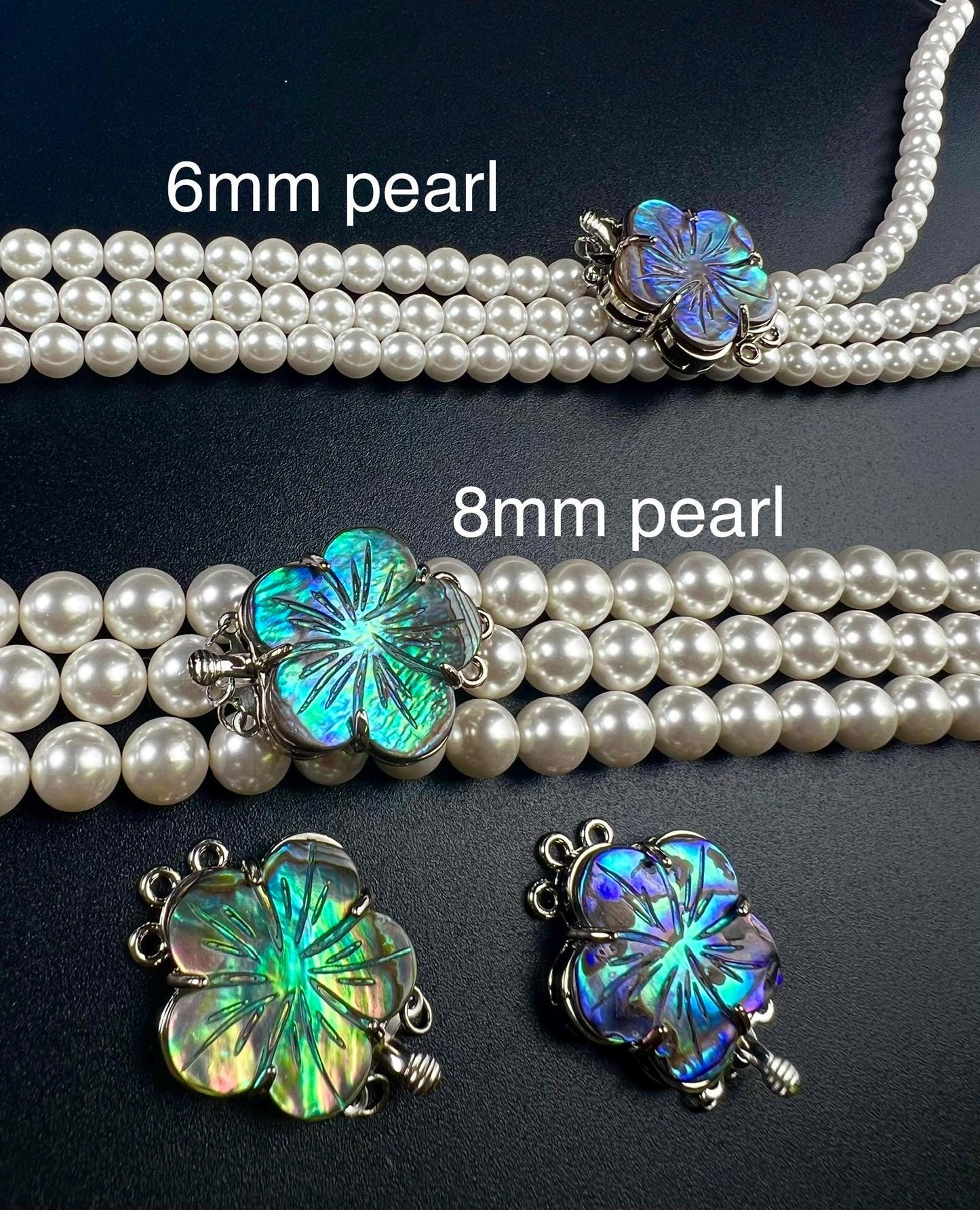 Natural Abalone Pua Shell 3 Loop Fancy Flower Clasp, blue green flash Jewelry Making Rhodium 3 line Necklace Bracelet clasp.