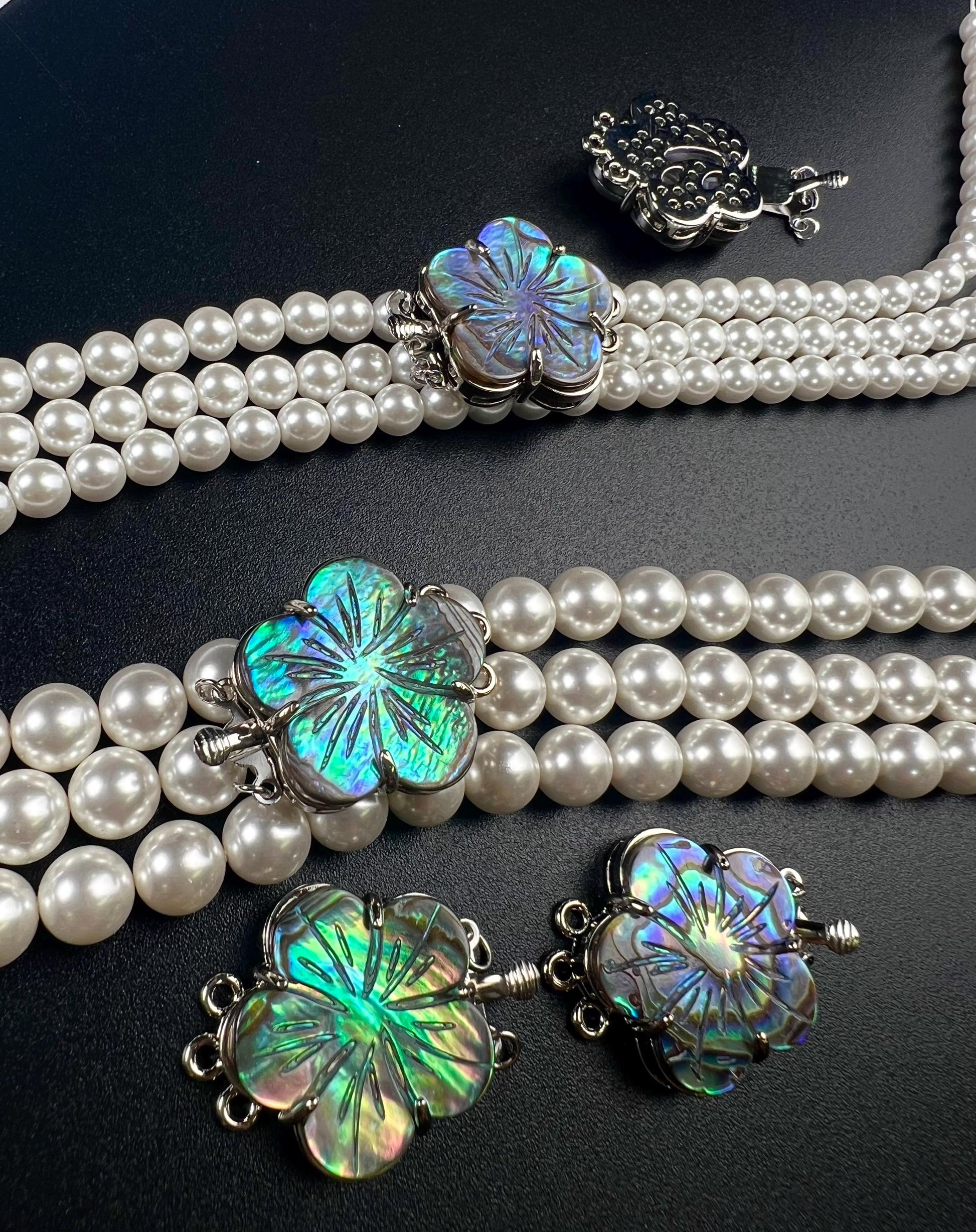 Natural Abalone Pua Shell 3 Loop Fancy Flower Clasp, blue green flash Jewelry Making Rhodium silver 3 line Necklace Bracelet clasp.