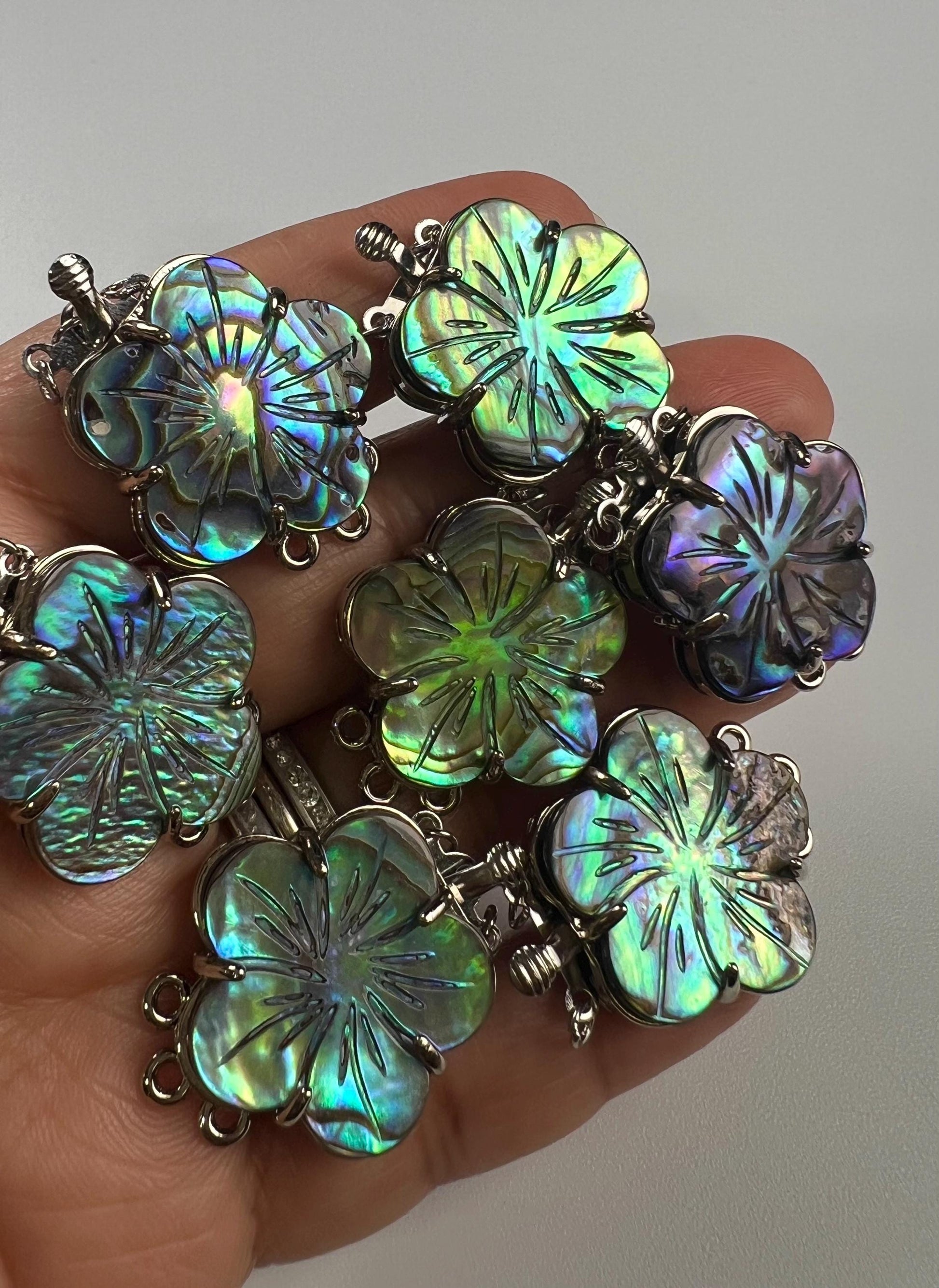 Natural Abalone Pua Shell 3 Loop Fancy Flower Clasp, blue green flash Jewelry Making Rhodium 3 line Necklace Bracelet clasp.