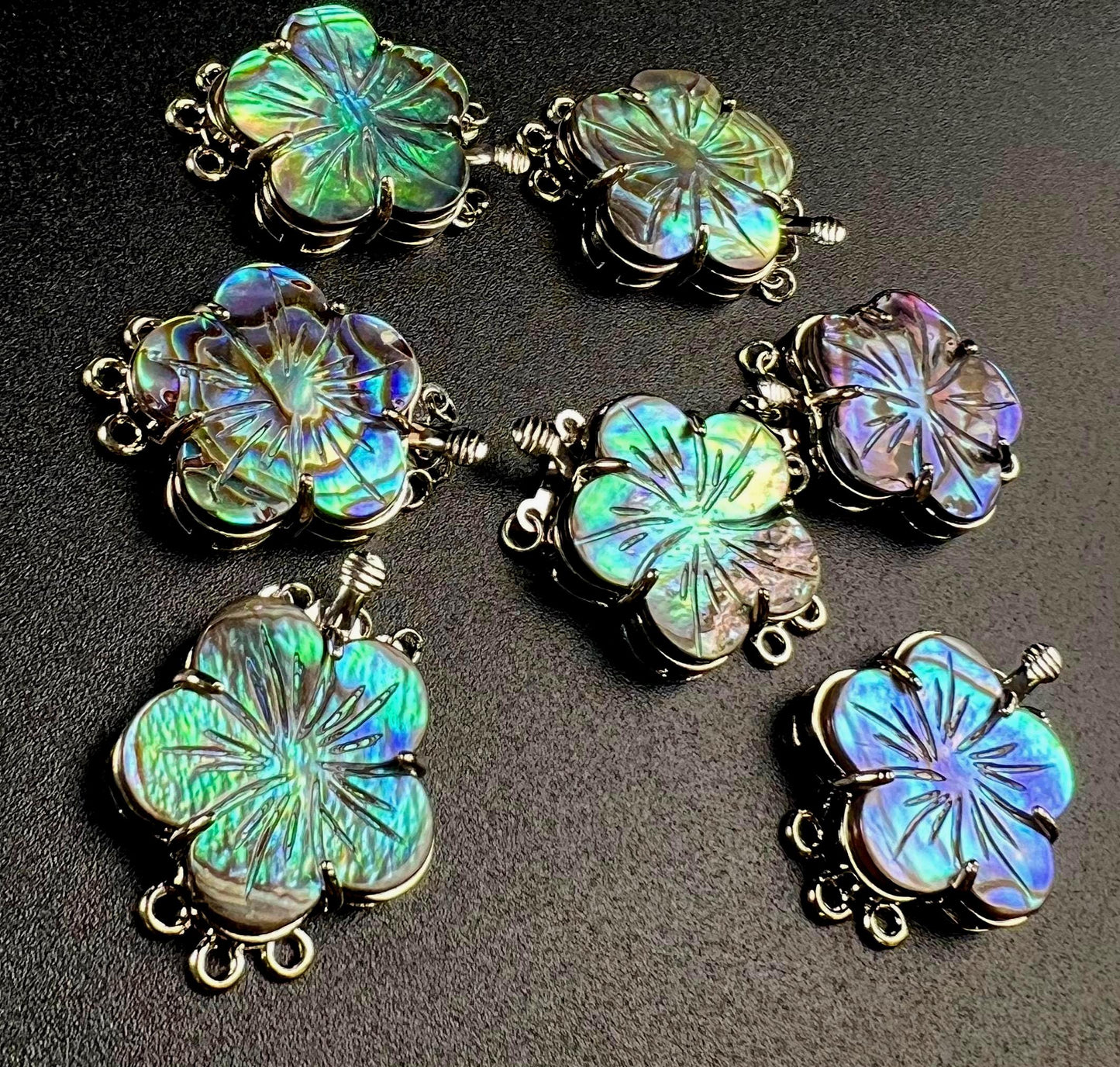 Natural Abalone Pua Shell 3 Loop Fancy Flower Clasp, blue green flash Jewelry Making Rhodium silver 3 line Necklace Bracelet clasp.