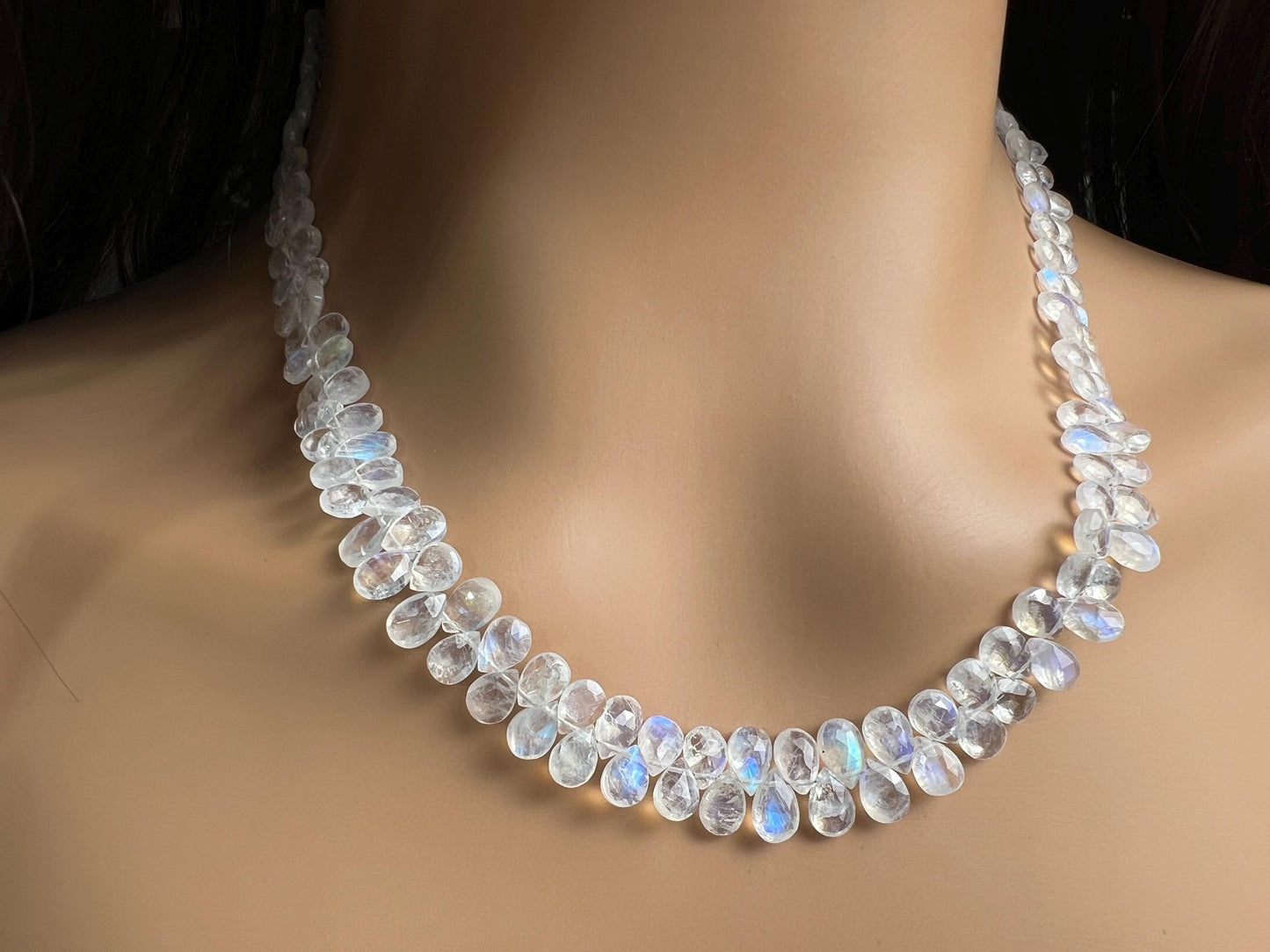 Natural Rainbow Moonstone Faceted Drop Gemstone Necklace AAA blue flash clear quality 925 Sterling Silver Precious elegant gift