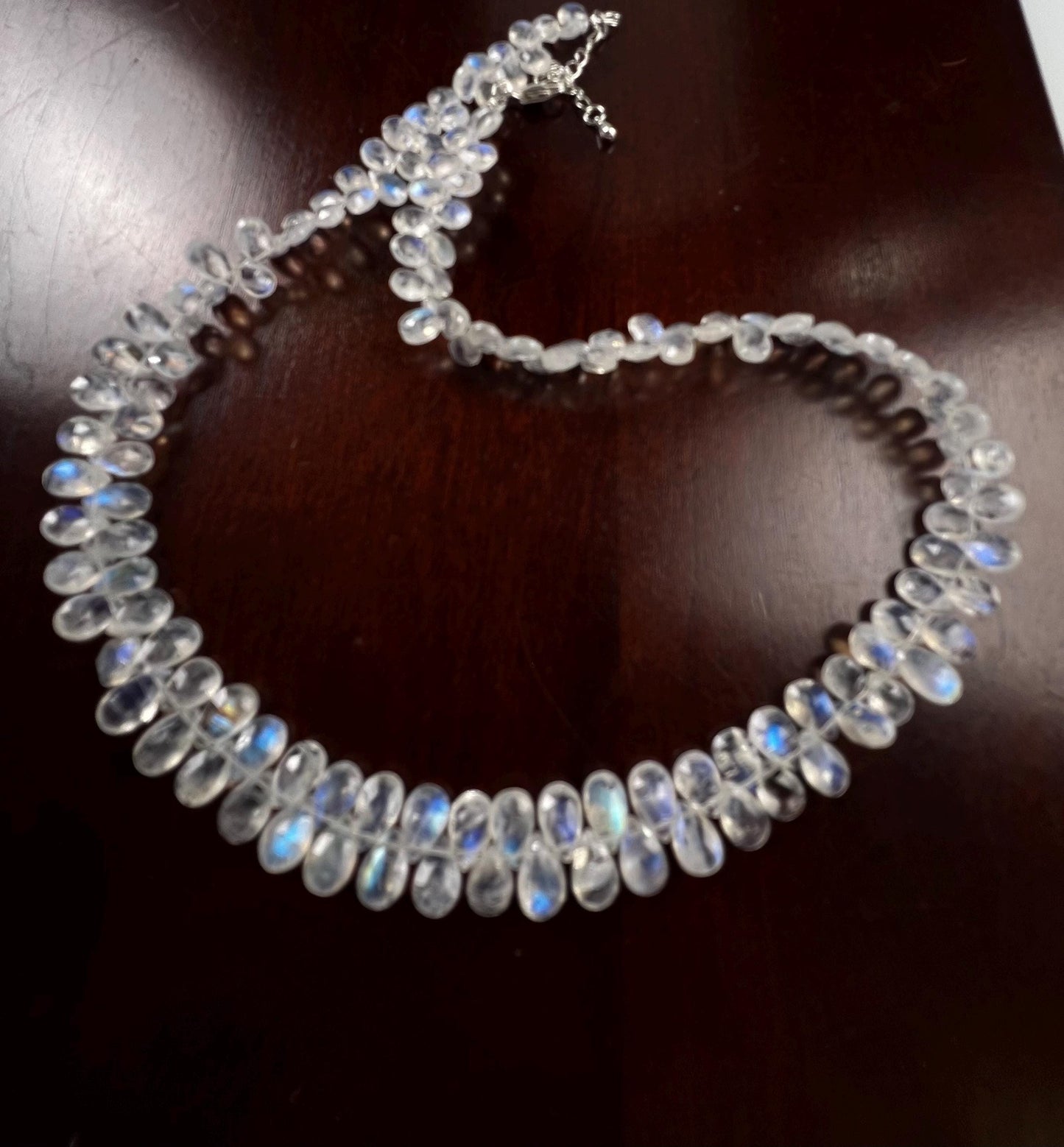 Natural Rainbow Moonstone Faceted Drop Gemstone Necklace AAA blue flash clear quality 925 Sterling Silver Precious elegant gift