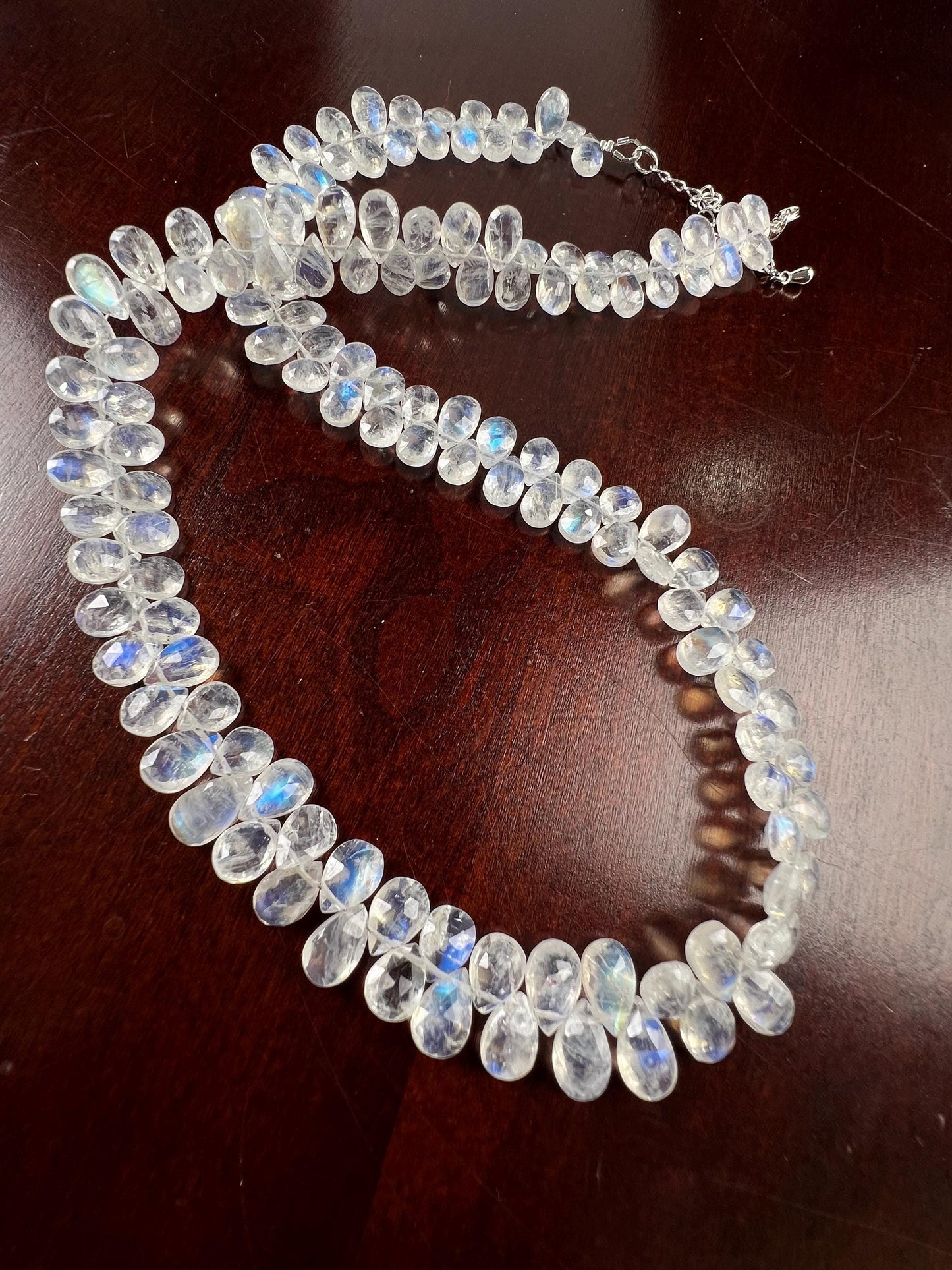 Natural Rainbow Moonstone Faceted Drop Gemstone Necklace AAA blue flash clear quality 925 Sterling Silver Precious elegant gift