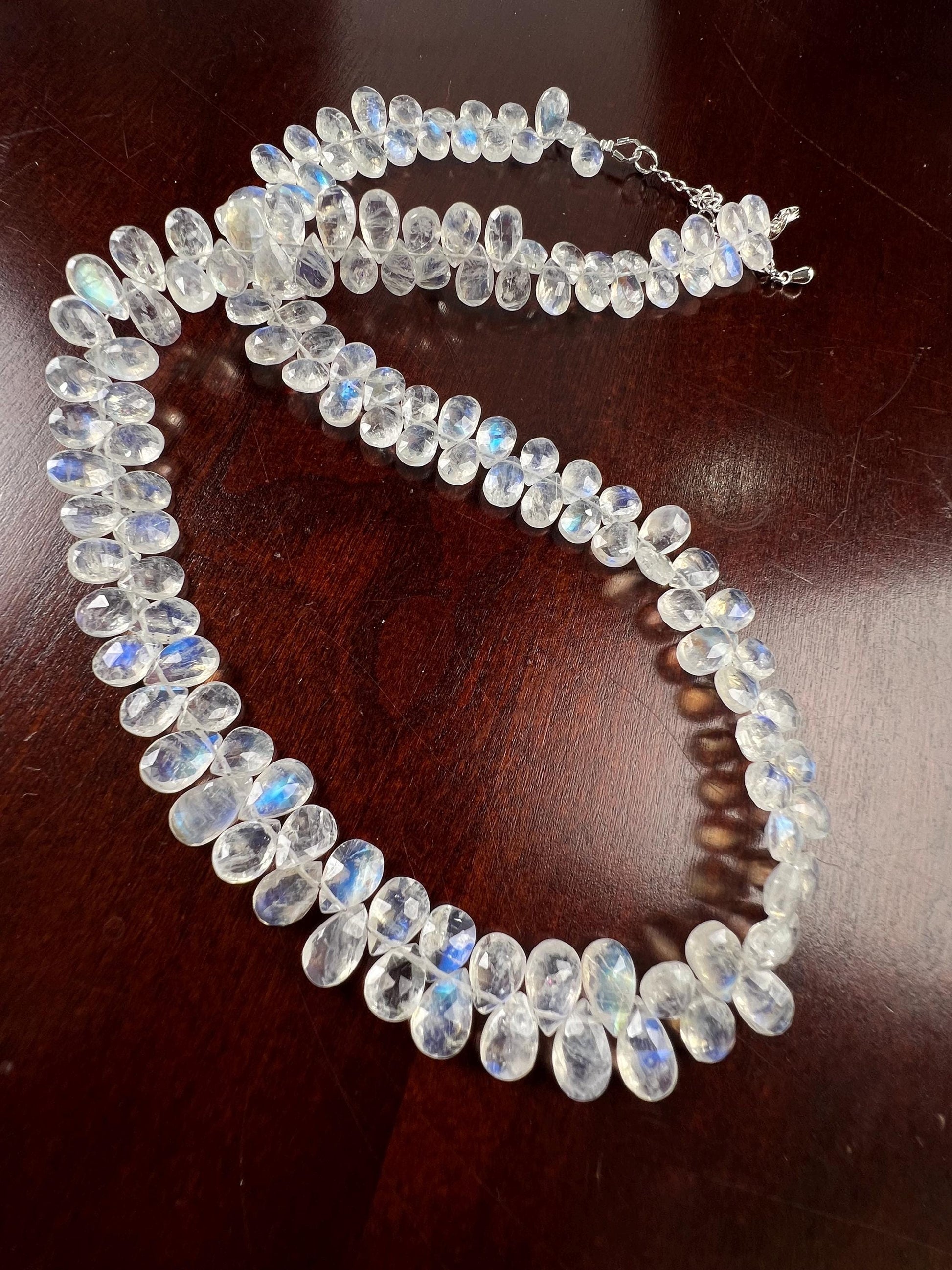 Natural Rainbow Moonstone Faceted Drop Gemstone Necklace AAA blue flash clear quality 925 Sterling Silver Precious elegant gift