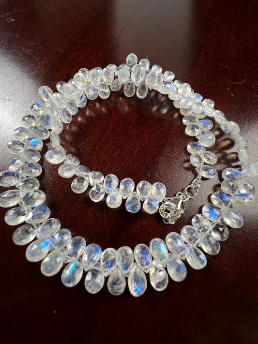 Natural Rainbow Moonstone Faceted Drop Gemstone Necklace AAA blue flash clear quality 925 Sterling Silver Precious elegant gift