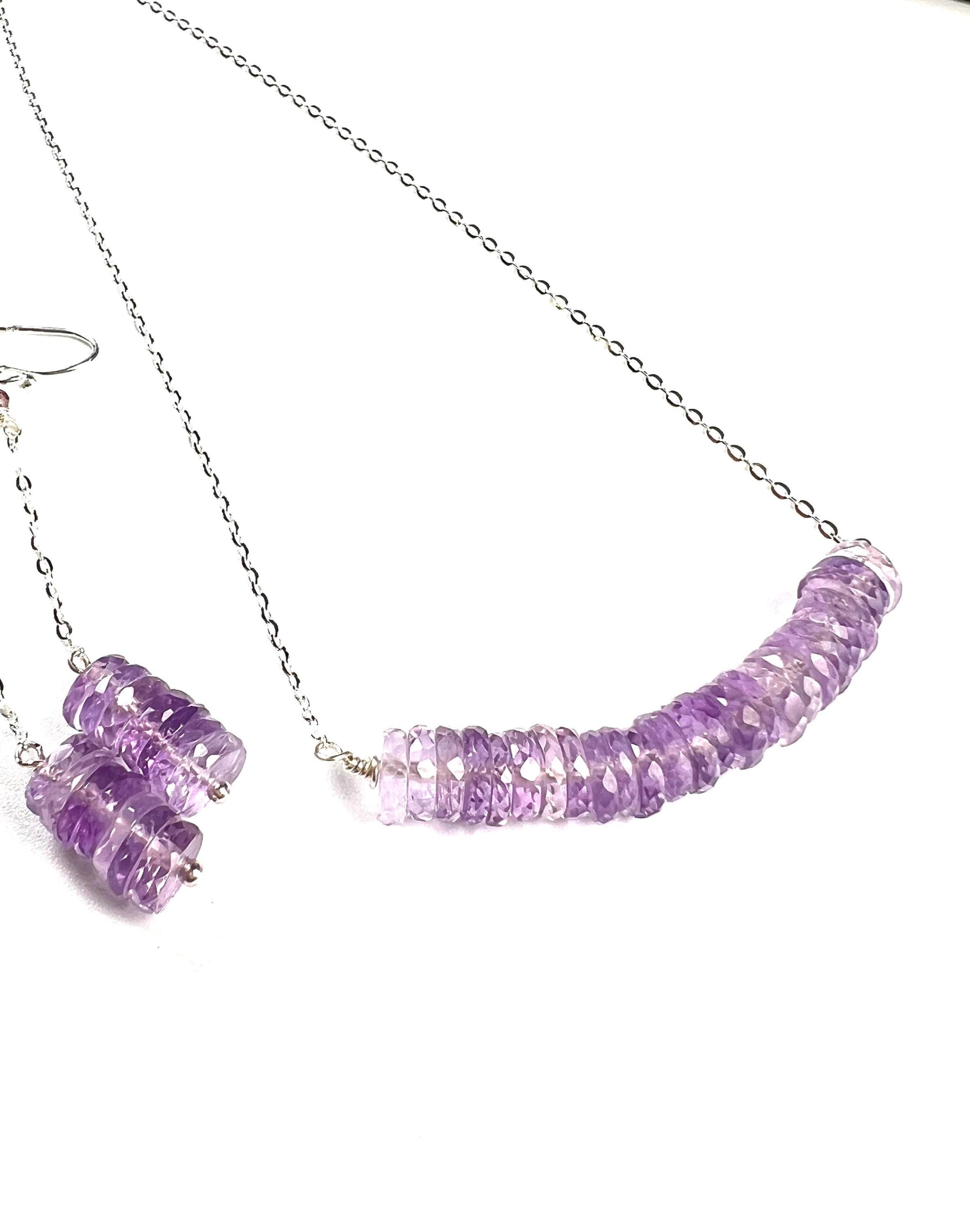 Natural Pink Amethyst AAA Faceted Heishi Beaded elegant Jewelry Set. 925 Sterling silver necklace and earrings set icy purple jewelry gift