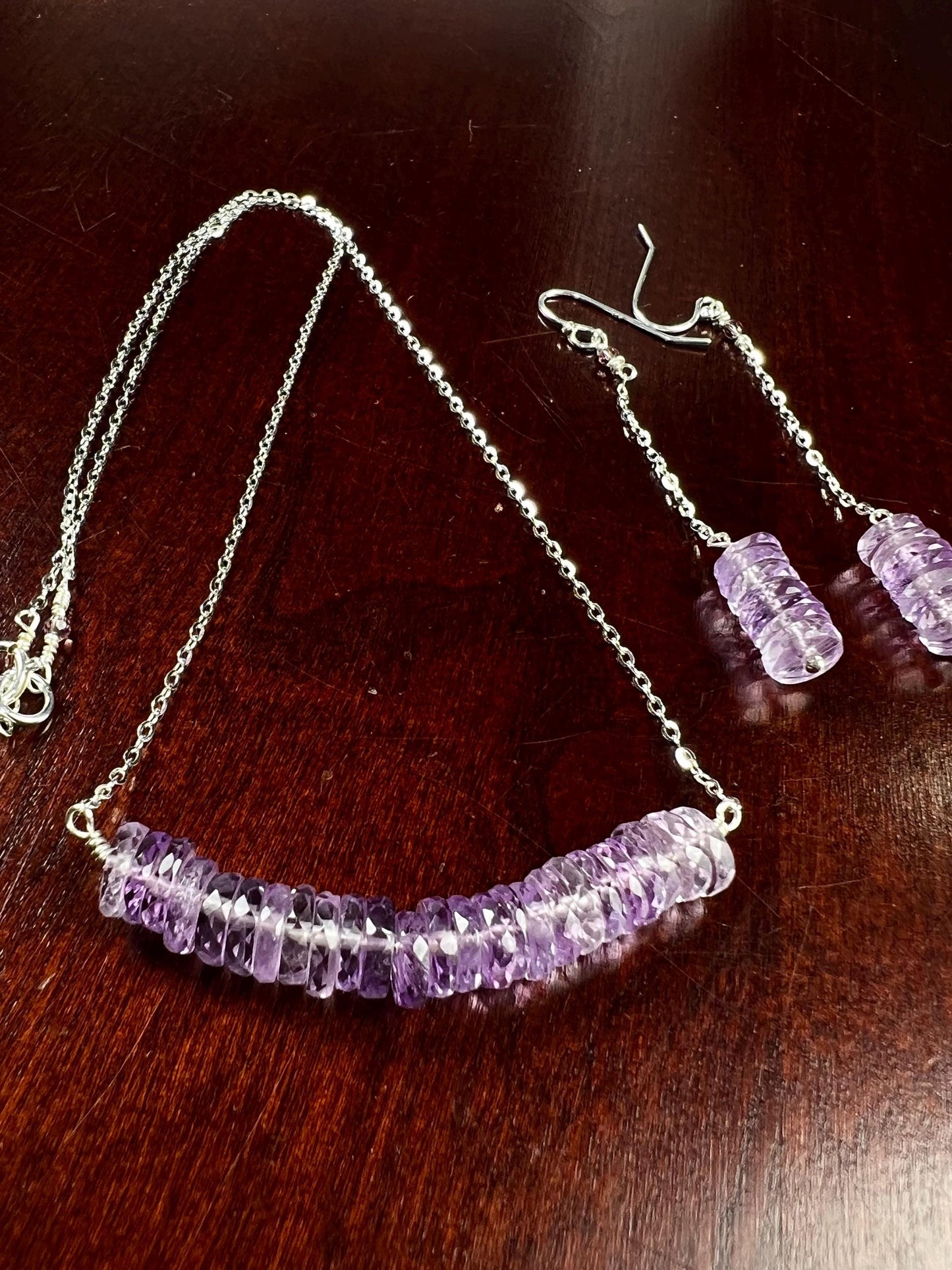 Natural Pink Amethyst AAA Faceted Heishi Beaded elegant Jewelry Set. 925 Sterling silver necklace and earrings set icy purple jewelry gift