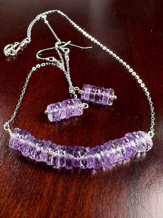 Natural Pink Amethyst AAA Faceted Heishi Beaded elegant Jewelry Set. 925 Sterling silver necklace and earrings set icy purple jewelry gift