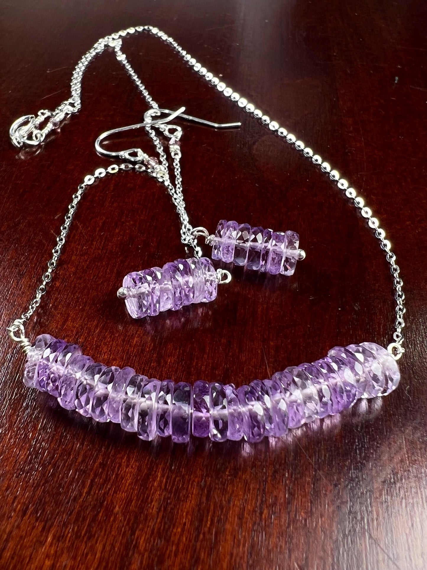Natural Pink Amethyst AAA Faceted Heishi Beaded elegant Jewelry Set. 925 Sterling silver necklace and earrings set icy purple jewelry gift