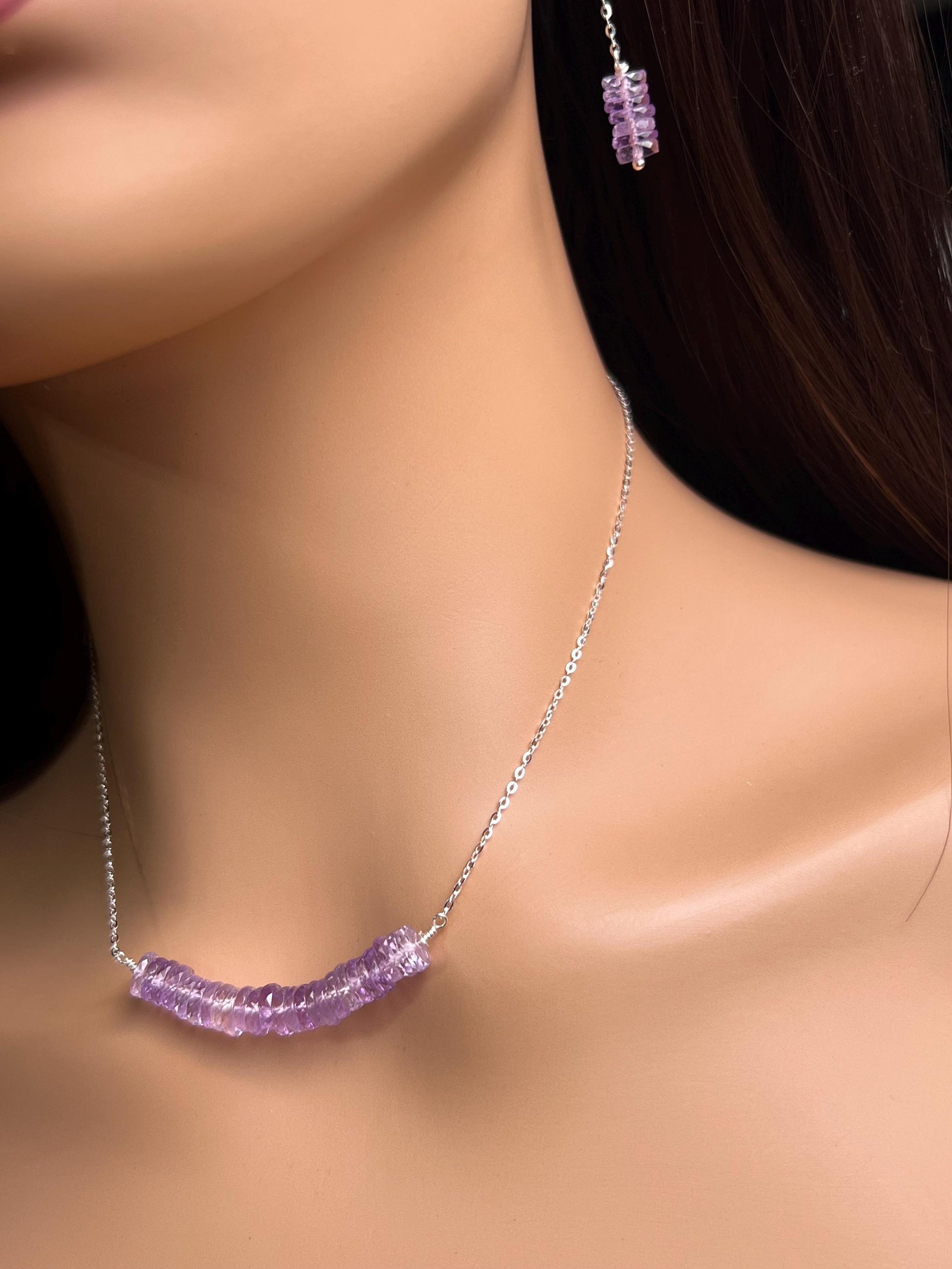 Natural Pink Amethyst AAA Faceted Heishi Beaded elegant Jewelry Set. 925 Sterling silver necklace and earrings set icy purple jewelry gift