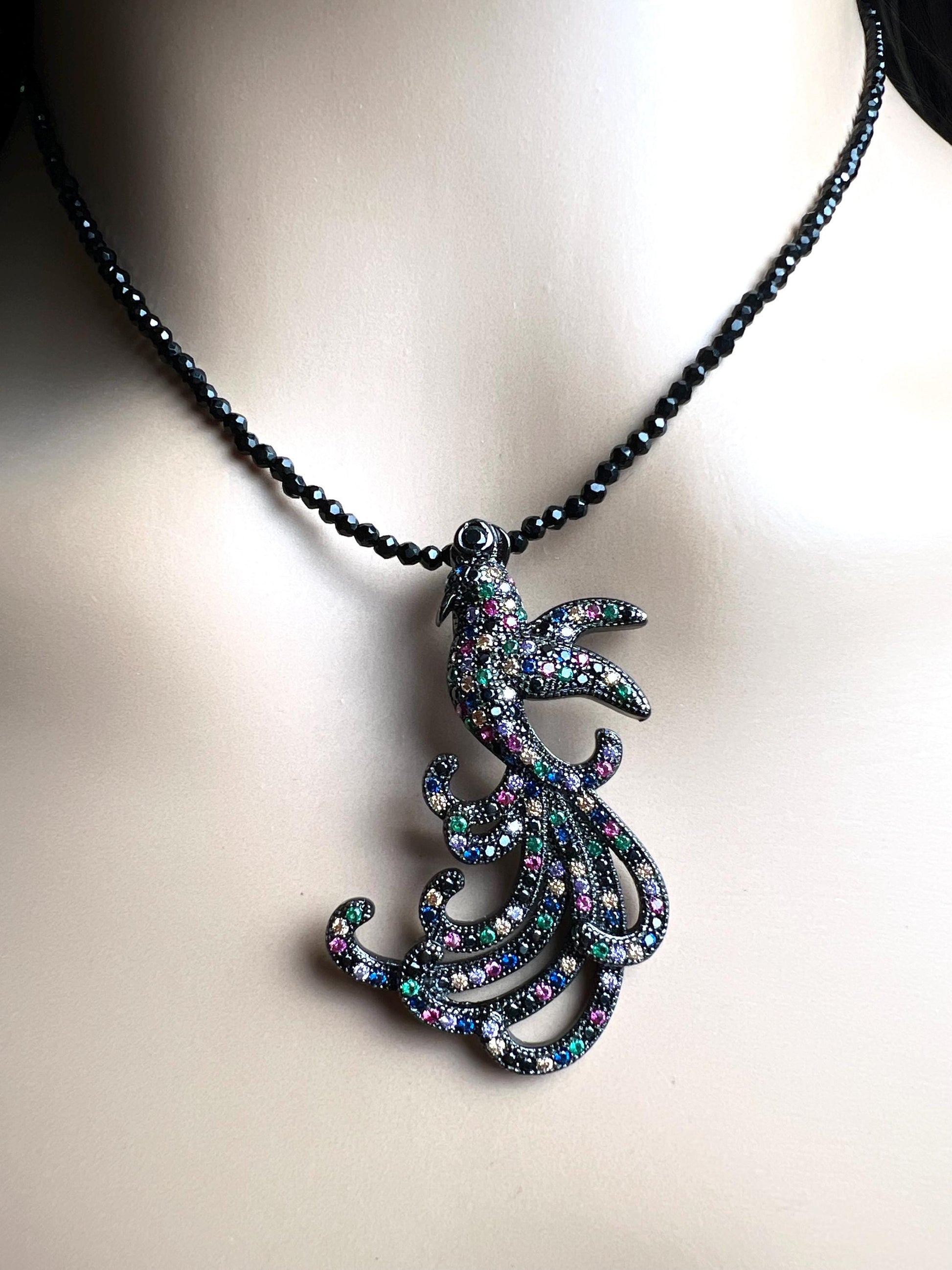 Peacock pendant ruby sapphire emerald setting 2mm black Spinel beaded necklace vintage style beautiful gift