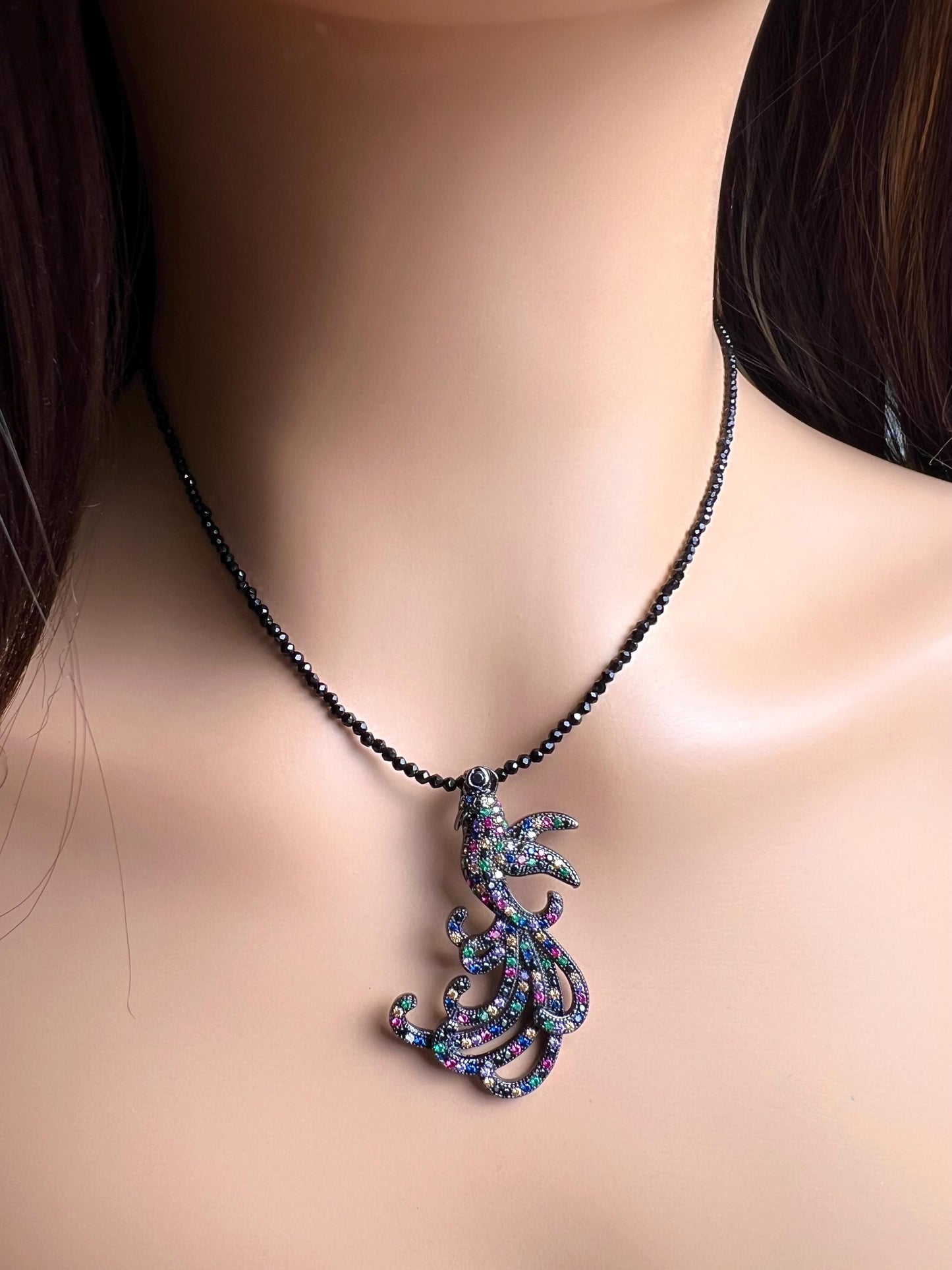 Peacock pendant ruby sapphire emerald setting 2mm black Spinel beaded necklace vintage style beautiful gift