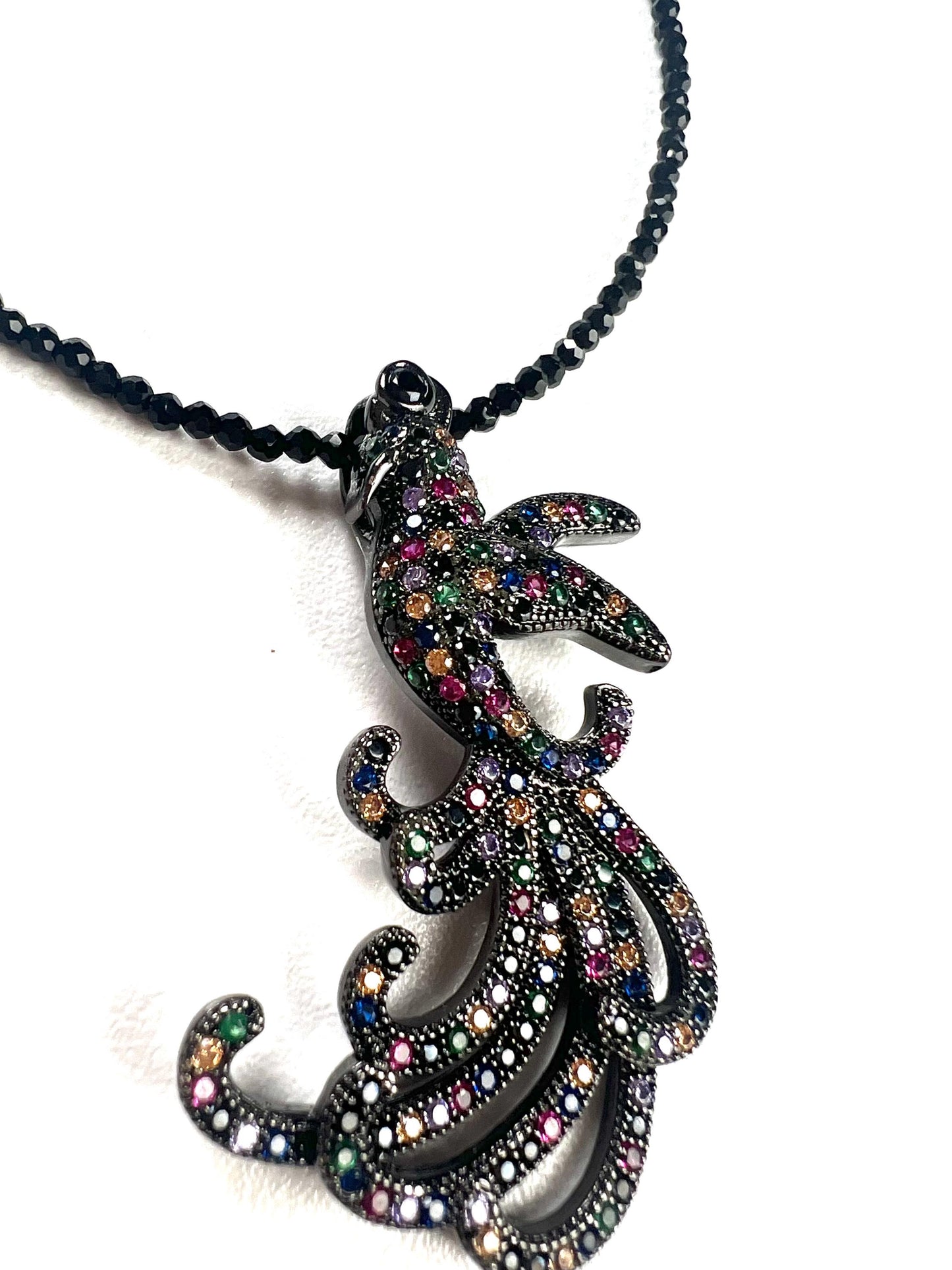 Peacock pendant ruby sapphire emerald setting 2mm black Spinel beaded necklace vintage style beautiful gift