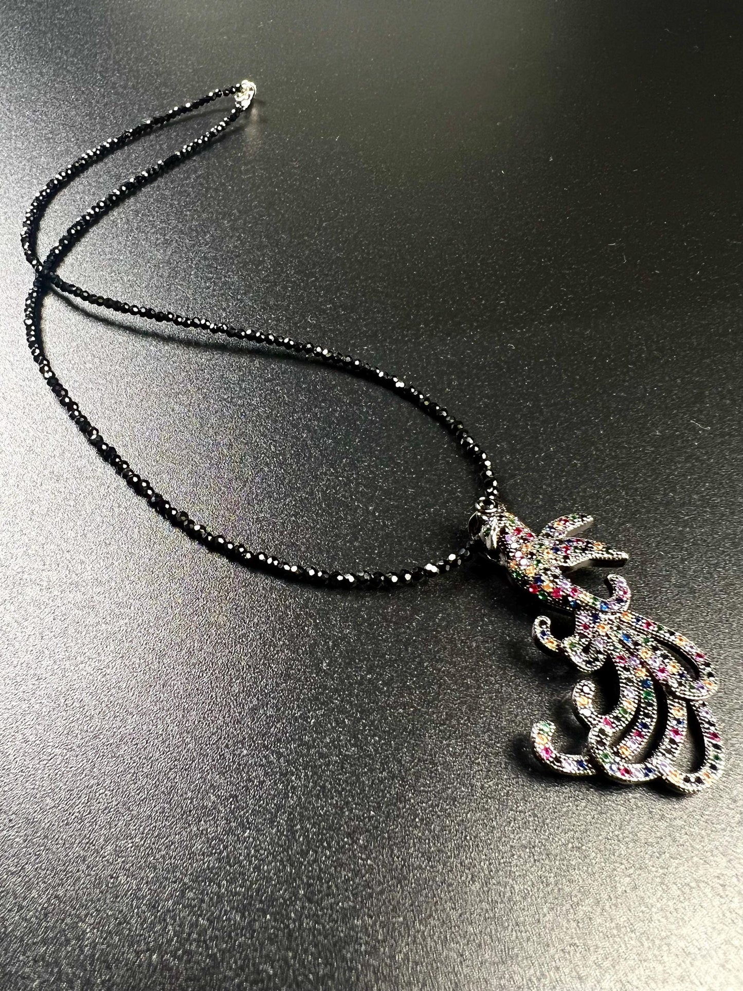 Peacock pendant ruby sapphire emerald setting 2mm black Spinel beaded necklace vintage style beautiful gift