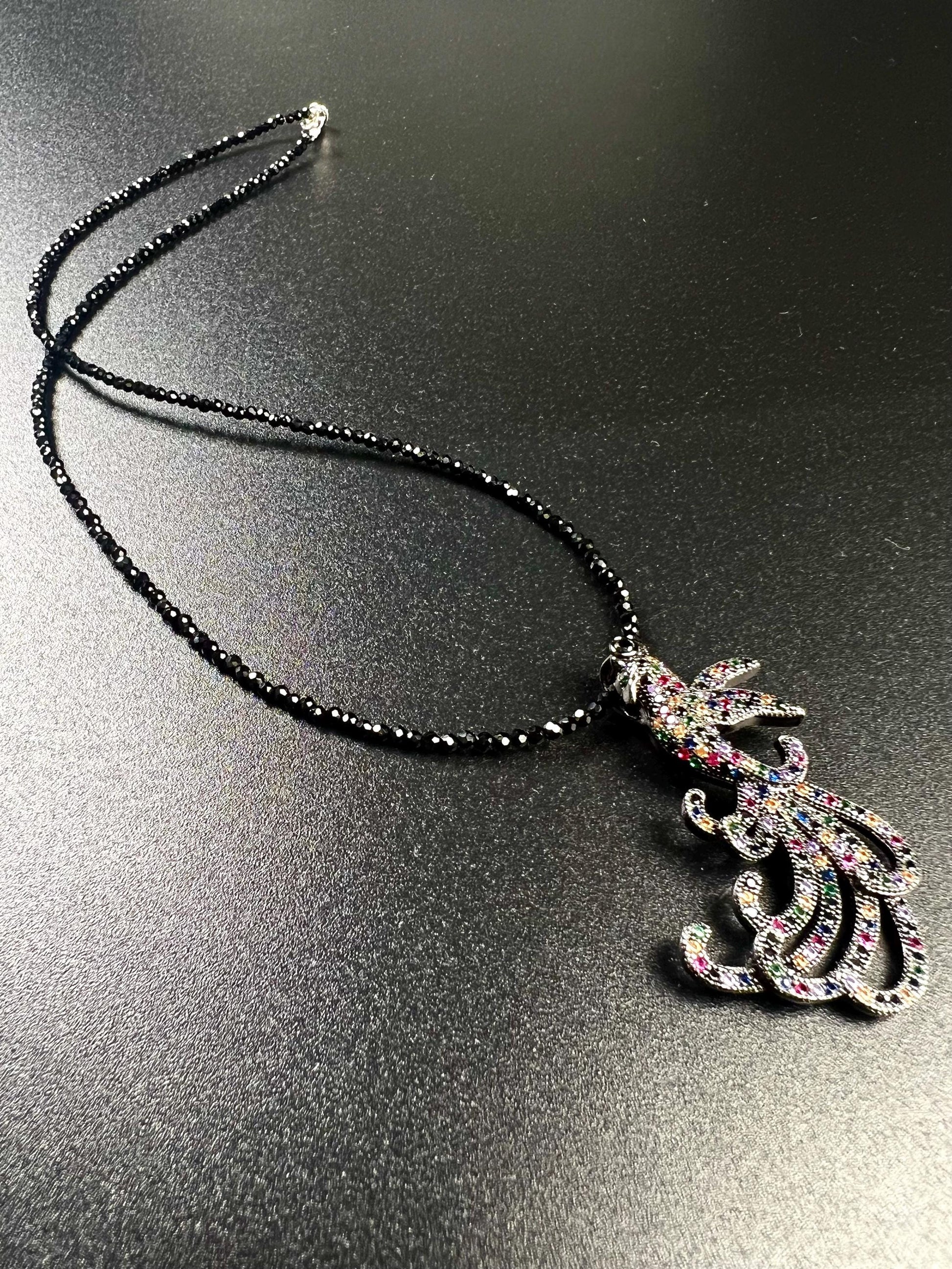 Peacock pendant ruby sapphire emerald setting 2mm black Spinel beaded necklace vintage style beautiful gift