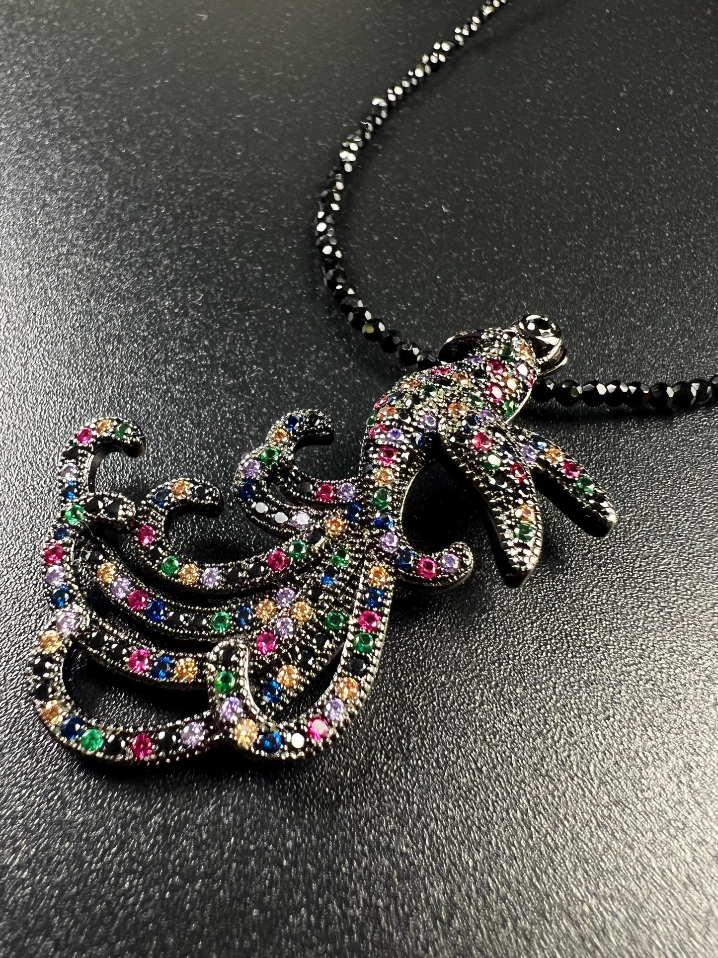 Peacock pendant ruby sapphire emerald setting 2mm black Spinel beaded necklace vintage style beautiful gift