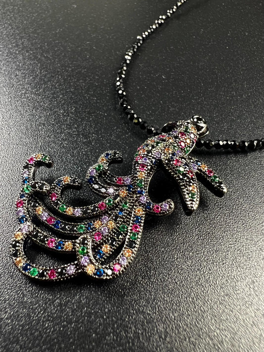 Peacock pendant ruby sapphire emerald setting with 2mm black Spinel beaded necklace vintage style beautiful gift