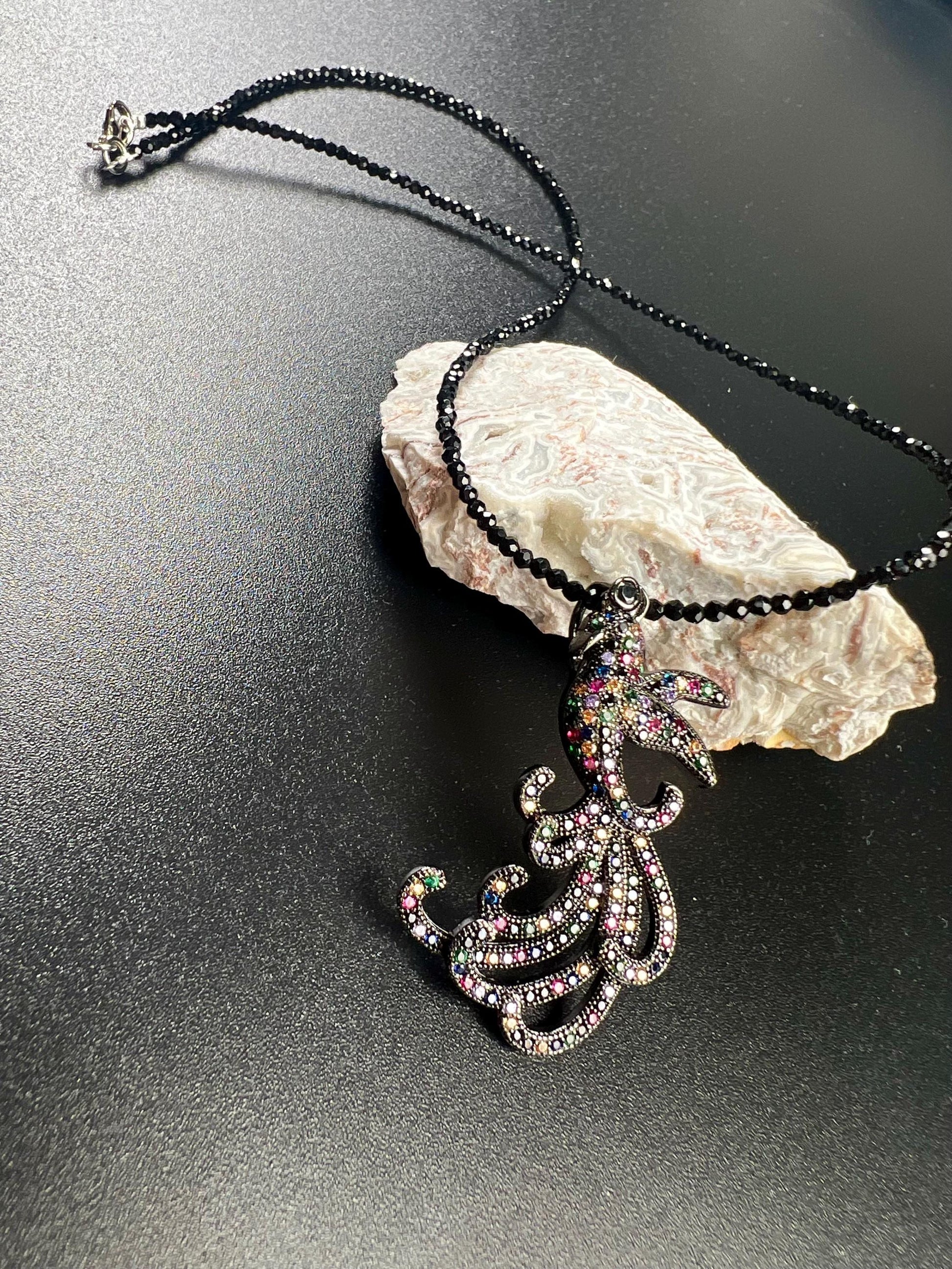 Peacock pendant ruby sapphire emerald setting 2mm black Spinel beaded necklace vintage style beautiful gift