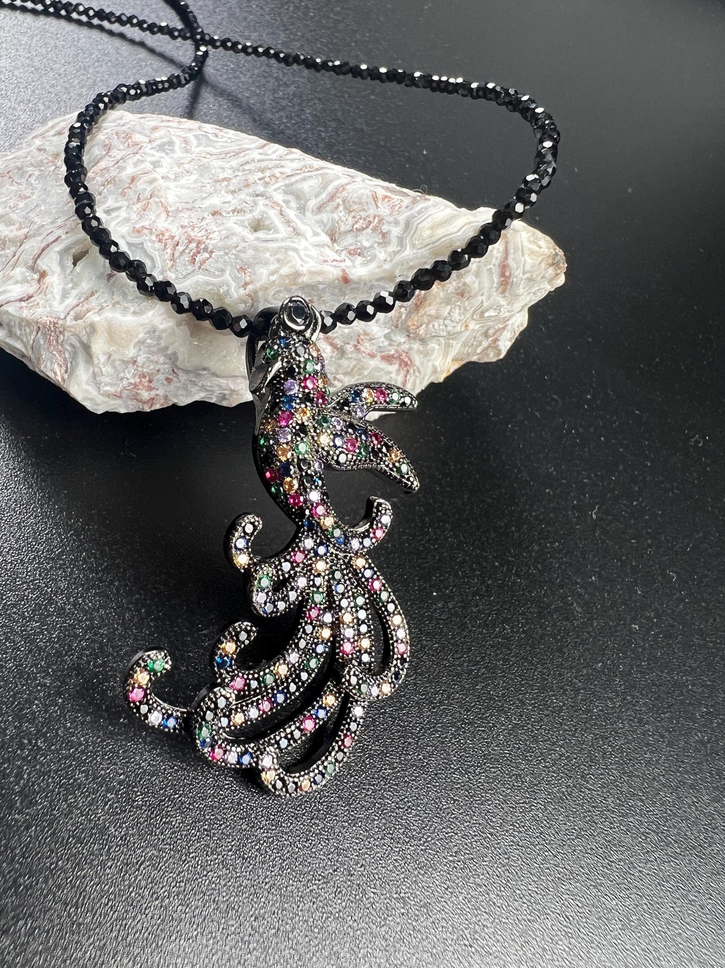 Peacock pendant ruby sapphire emerald setting 2mm black Spinel beaded necklace vintage style beautiful gift