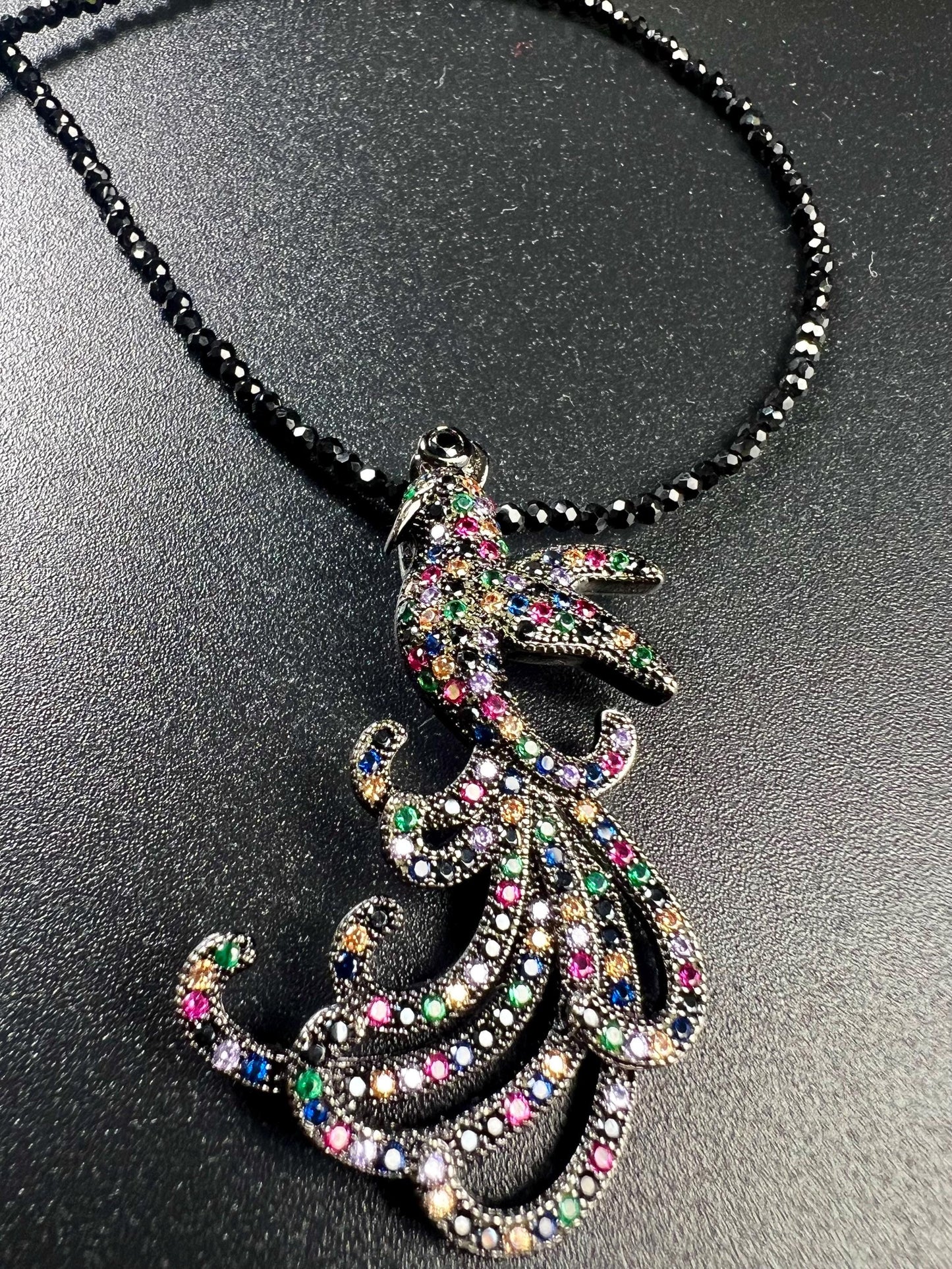 Peacock pendant ruby sapphire emerald setting with 2mm black Spinel beaded necklace vintage style beautiful gift