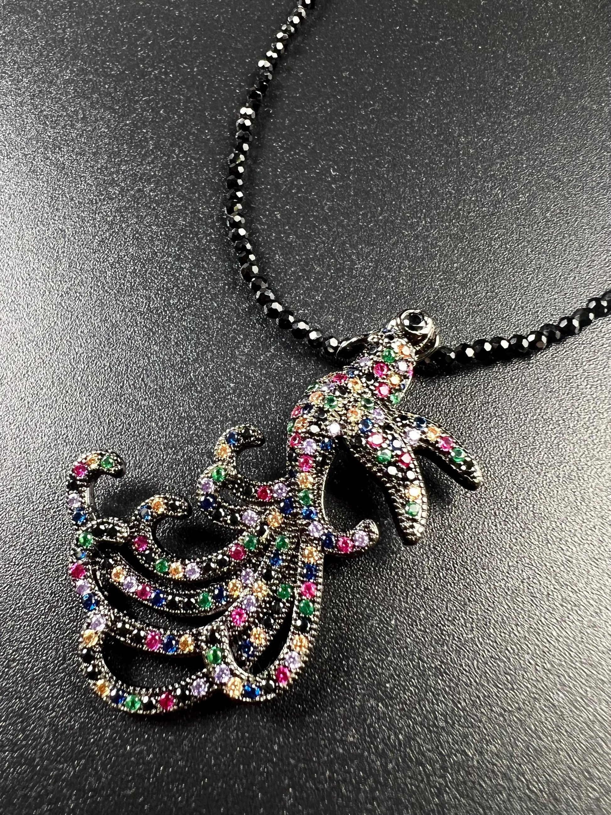 Peacock pendant ruby sapphire emerald setting 2mm black Spinel beaded necklace vintage style beautiful gift
