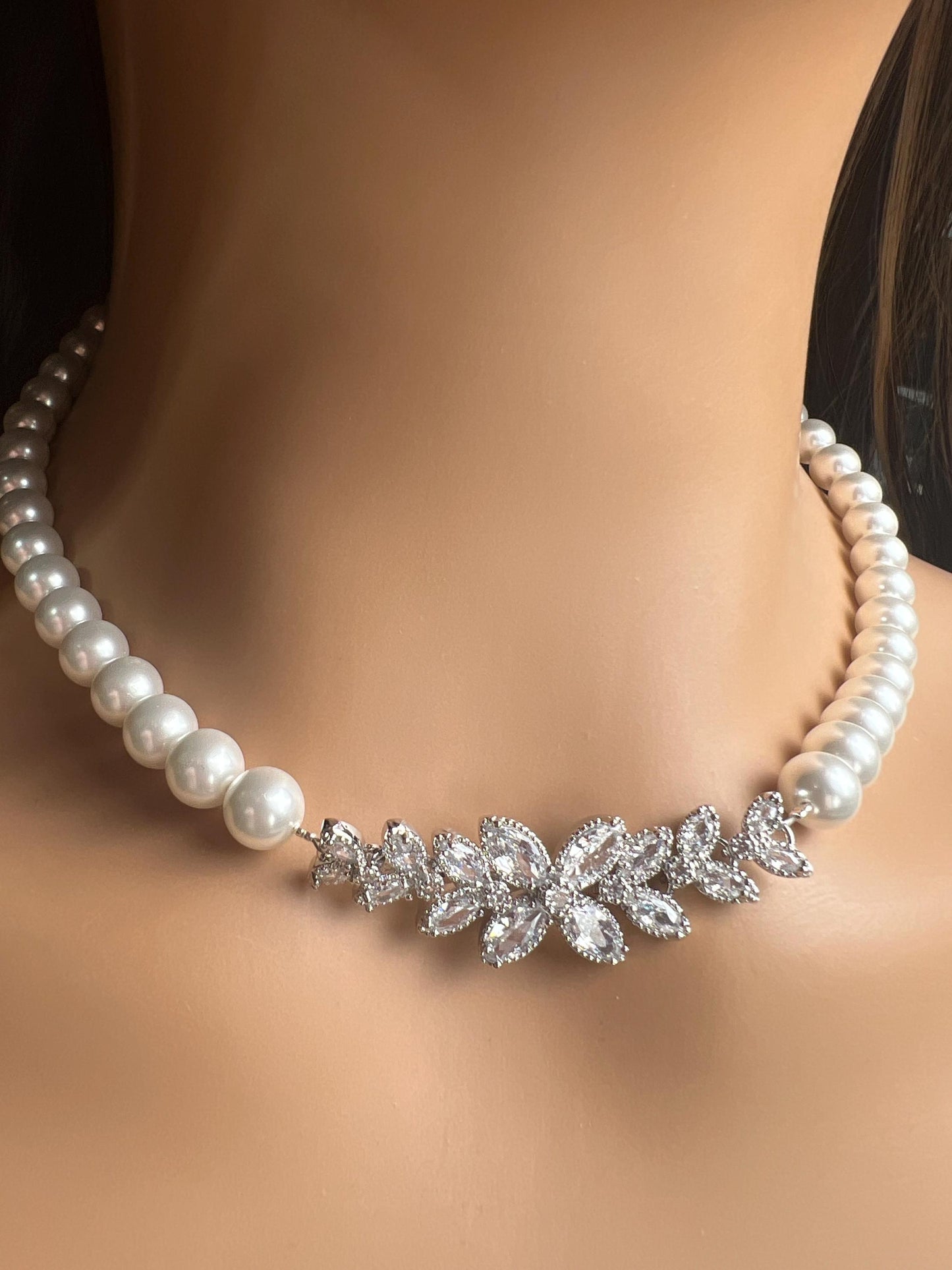 South SeaShell White Pearl white with Fancy CZ Diamond Focal pendant Bridal, Handmade Necklace wedding jewelry gift