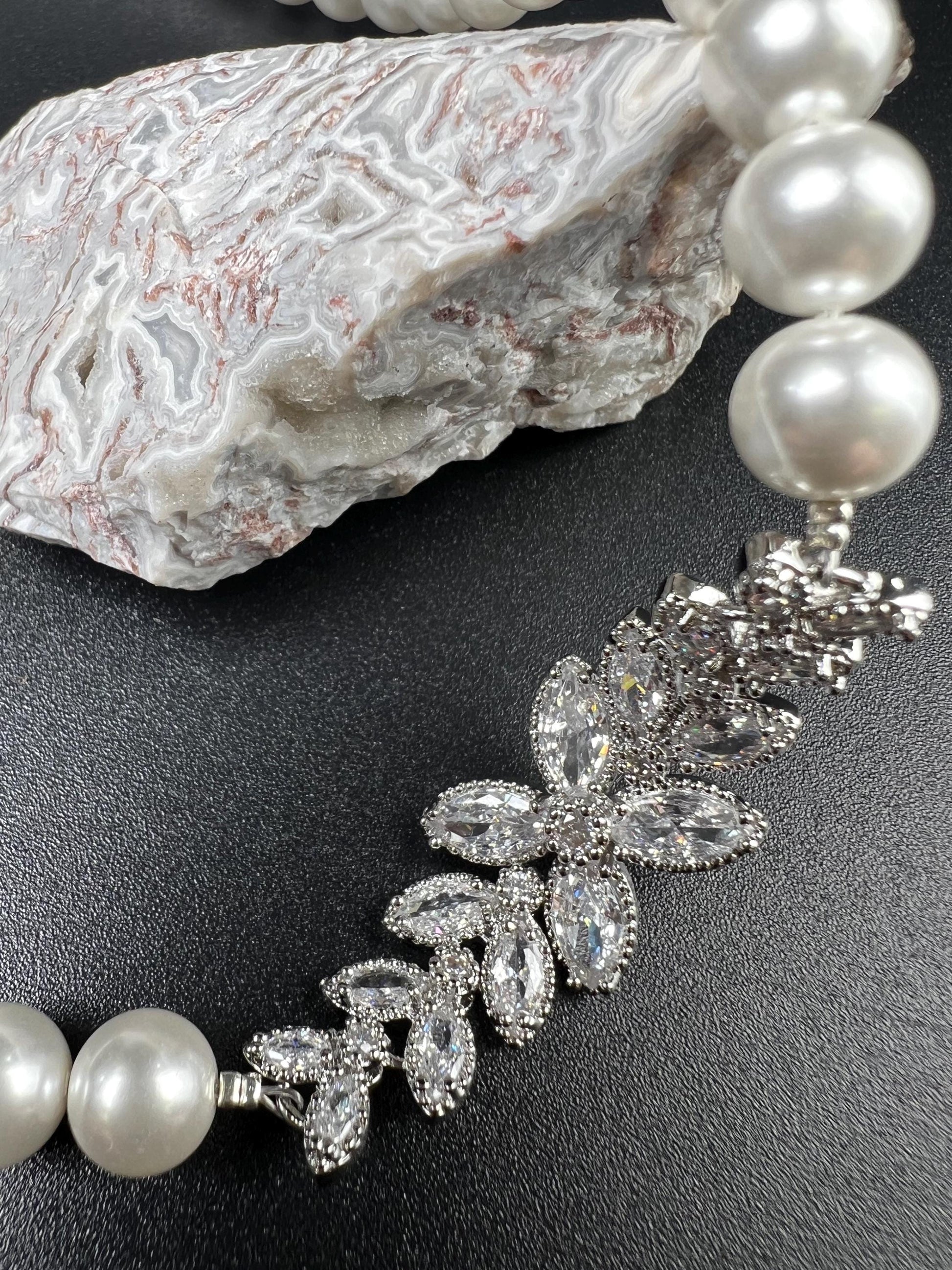 South SeaShell White Pearl white with Fancy CZ Diamond Focal pendant Bridal, Handmade Necklace wedding jewelry gift