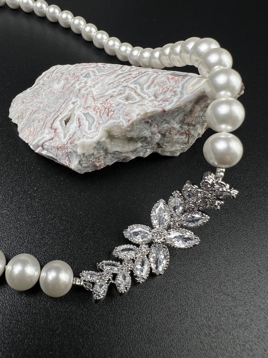 South SeaShell White Pearl white with Fancy CZ Diamond Focal pendant Bridal, Handmade Necklace wedding jewelry gift