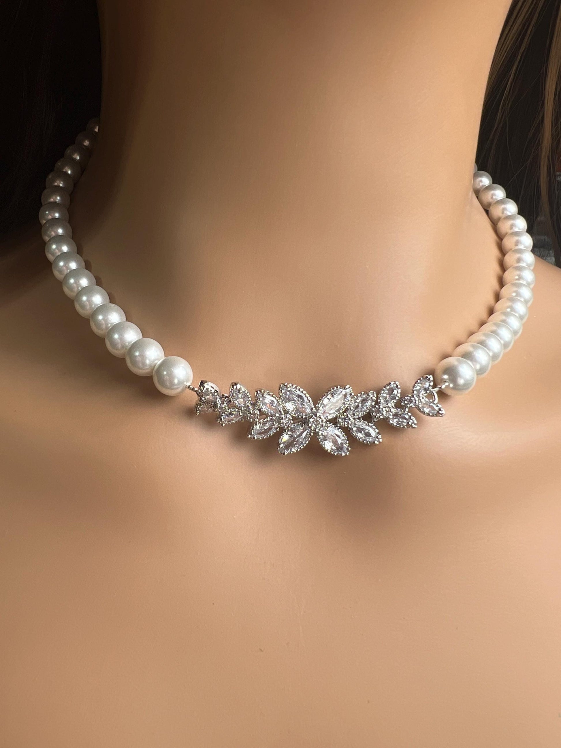 South SeaShell White 8mm Pearl with CZ Diamond Fancy Floral Focal Necklace Bridal, wedding elegant Handmade jewelry for Her