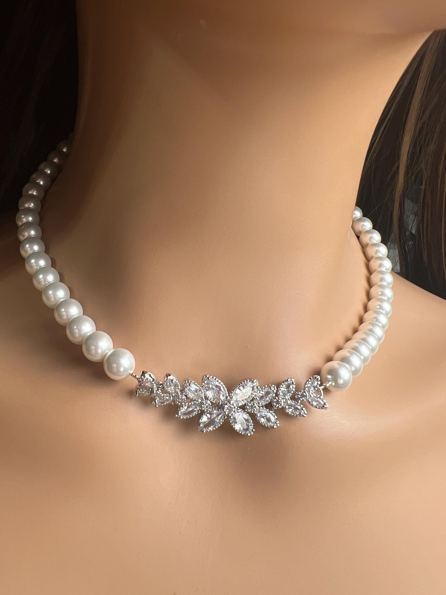 South SeaShell White 8mm Pearl with CZ Diamond Fancy Floral Focal Necklace Bridal, wedding elegant Handmade jewelry for Her