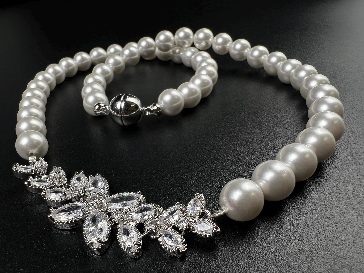 South SeaShell White 8mm Pearl with CZ Diamond Fancy Floral Focal Necklace Bridal, wedding elegant Handmade jewelry for Her