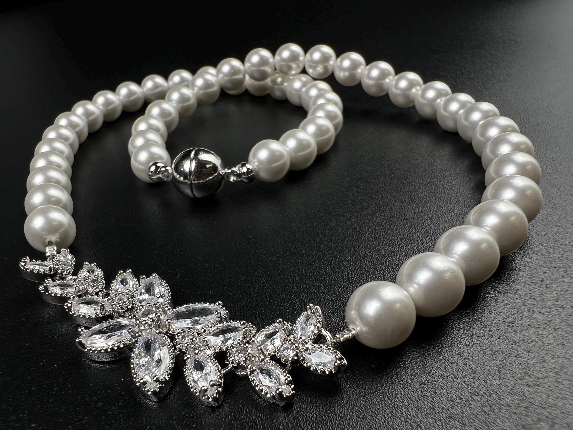 South SeaShell White 8mm Pearl with CZ Diamond Fancy Floral Focal Necklace Bridal, wedding elegant Handmade jewelry for Her