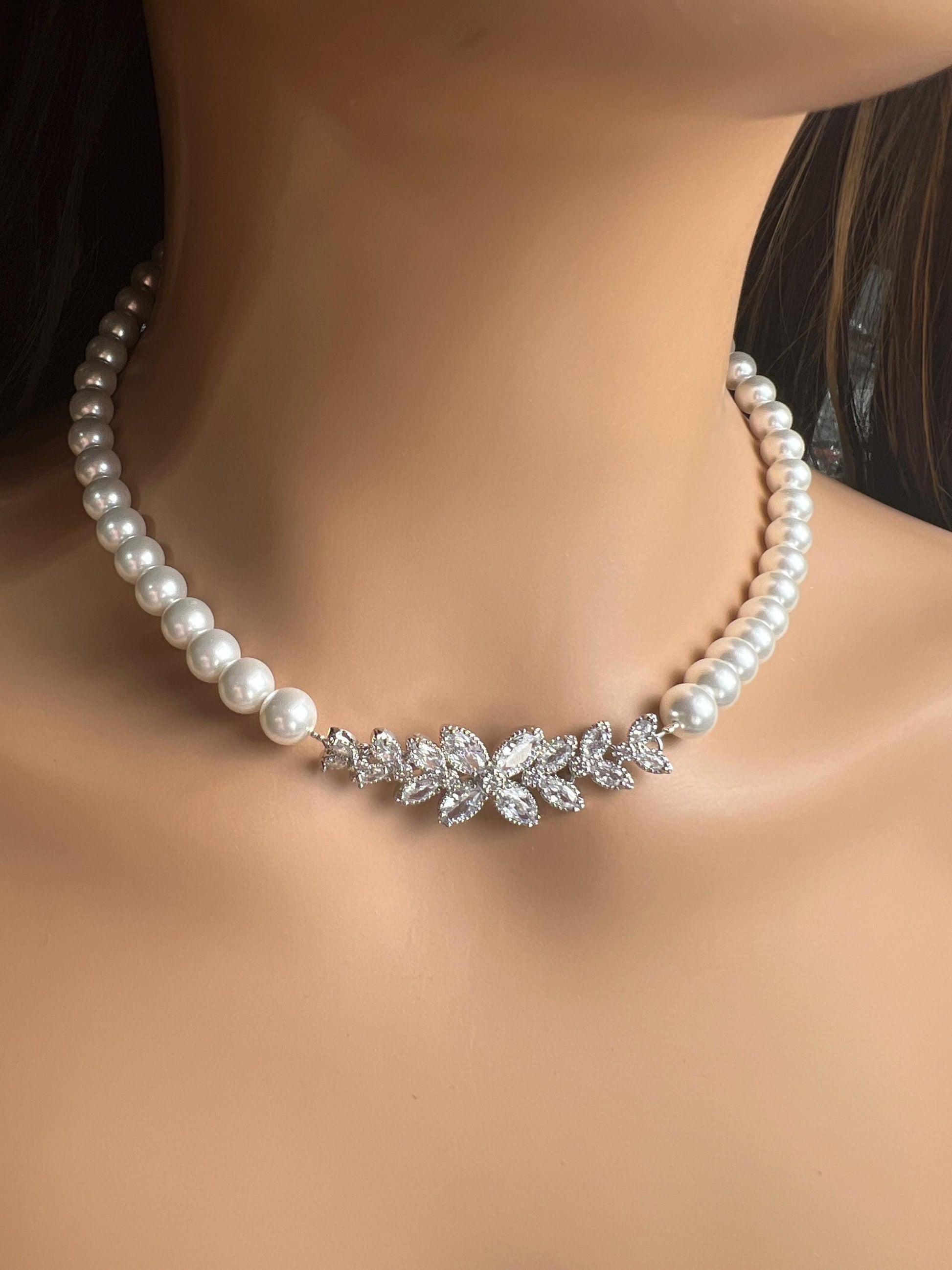 South SeaShell White 8mm Pearl with CZ Diamond Fancy Floral Focal Necklace Bridal, wedding elegant Handmade jewelry for Her
