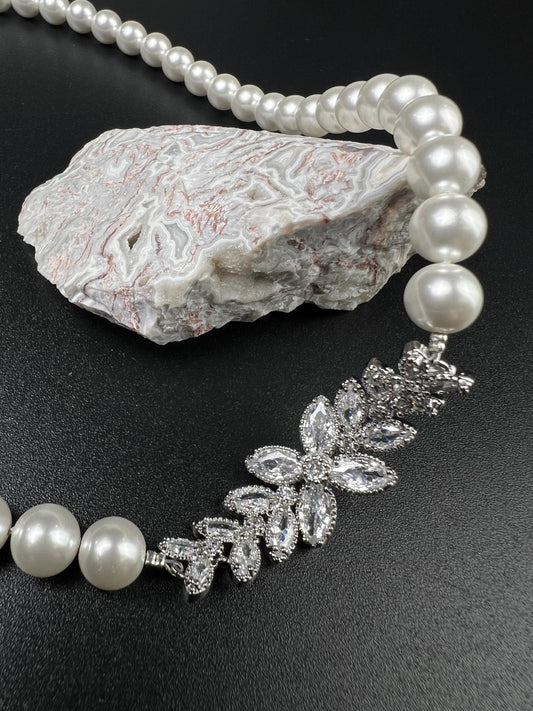 South SeaShell White 8mm Pearl with CZ Diamond Fancy Floral Focal Necklace Bridal, wedding elegant Handmade jewelry for Her