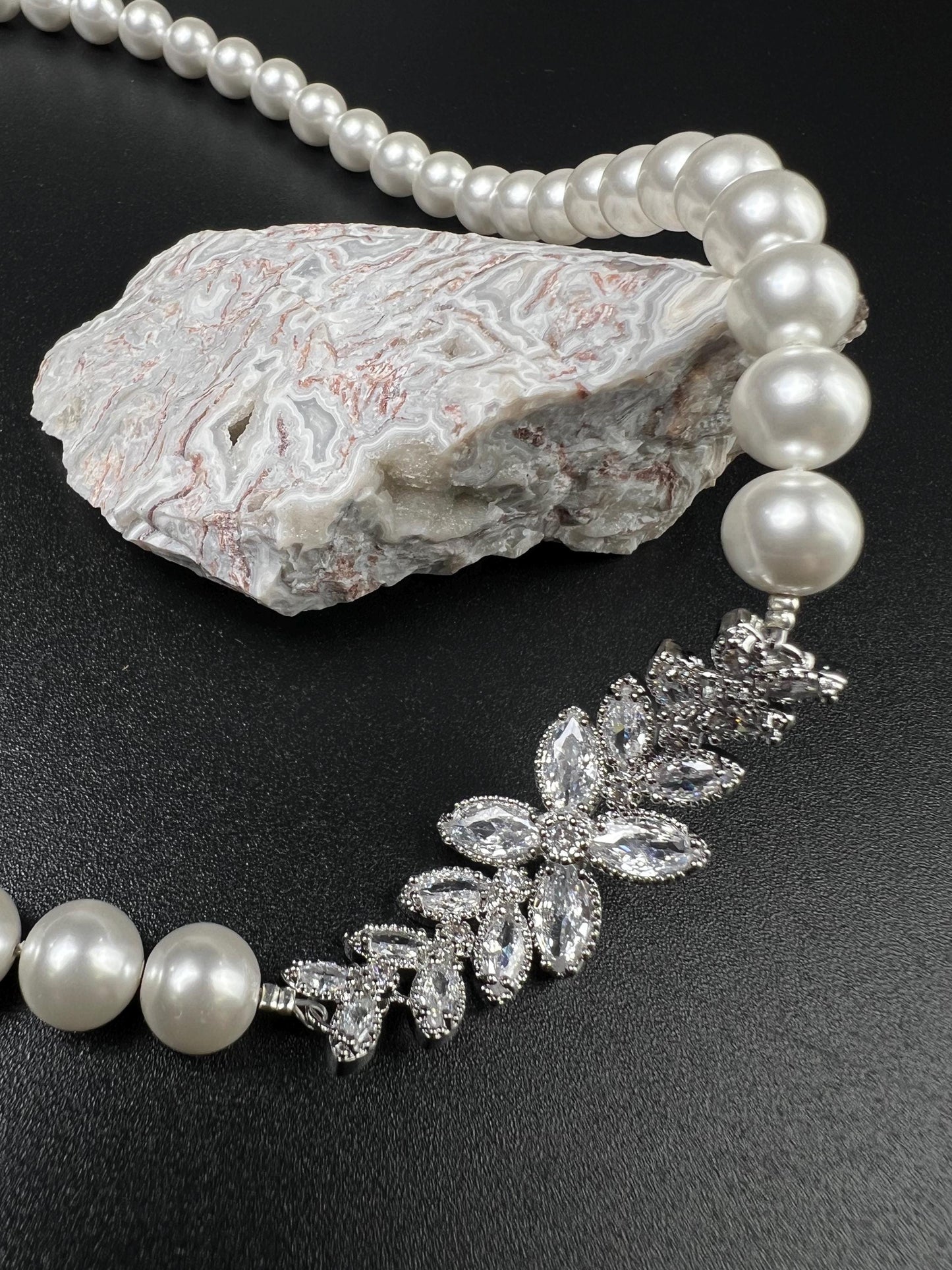 South SeaShell White 8mm Pearl with CZ Diamond Fancy Floral Focal Necklace Bridal, wedding elegant Handmade jewelry for Her