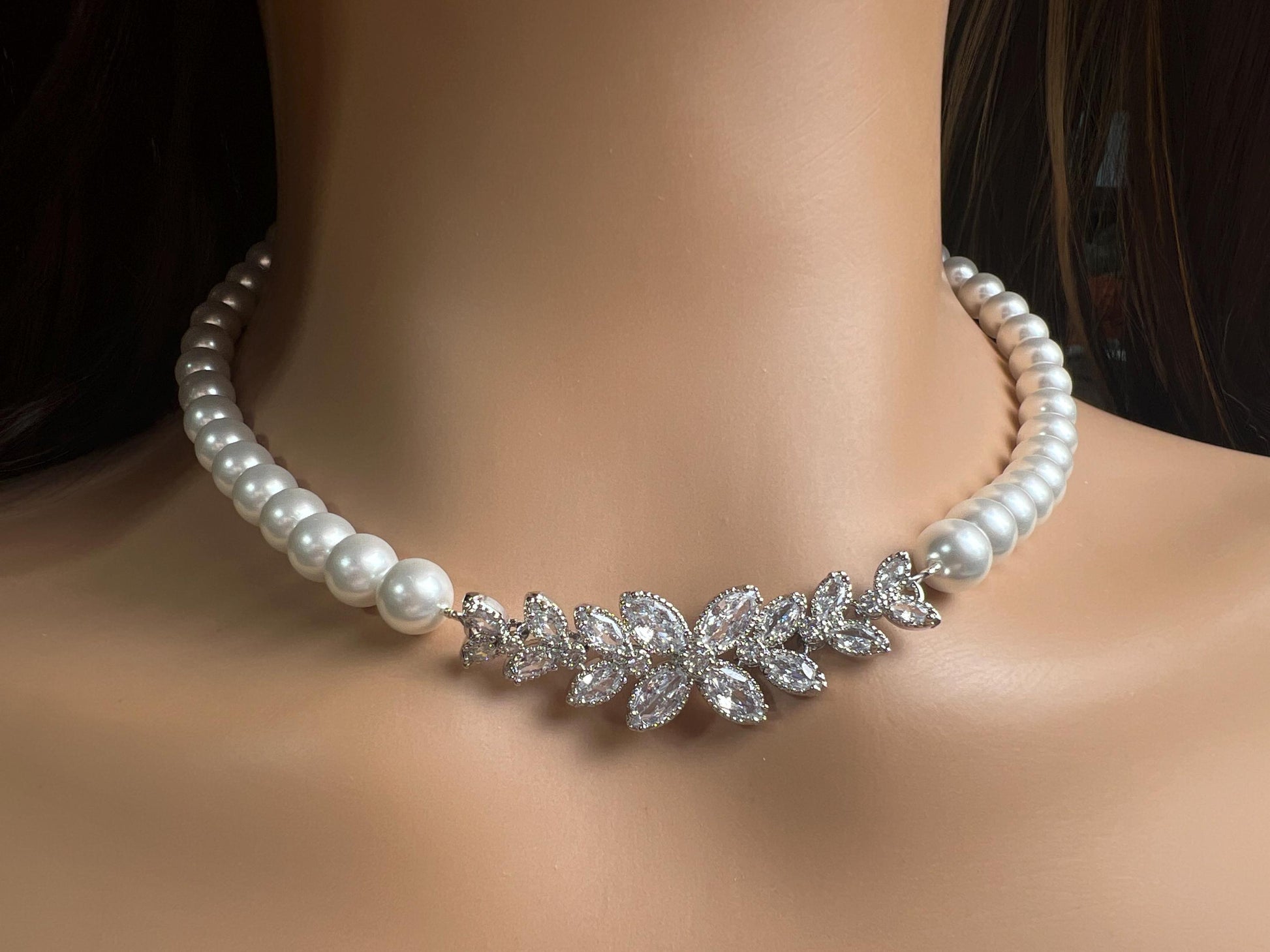 South SeaShell White 8mm Pearl with CZ Diamond Fancy Floral Focal Necklace Bridal, wedding elegant Handmade jewelry for Her