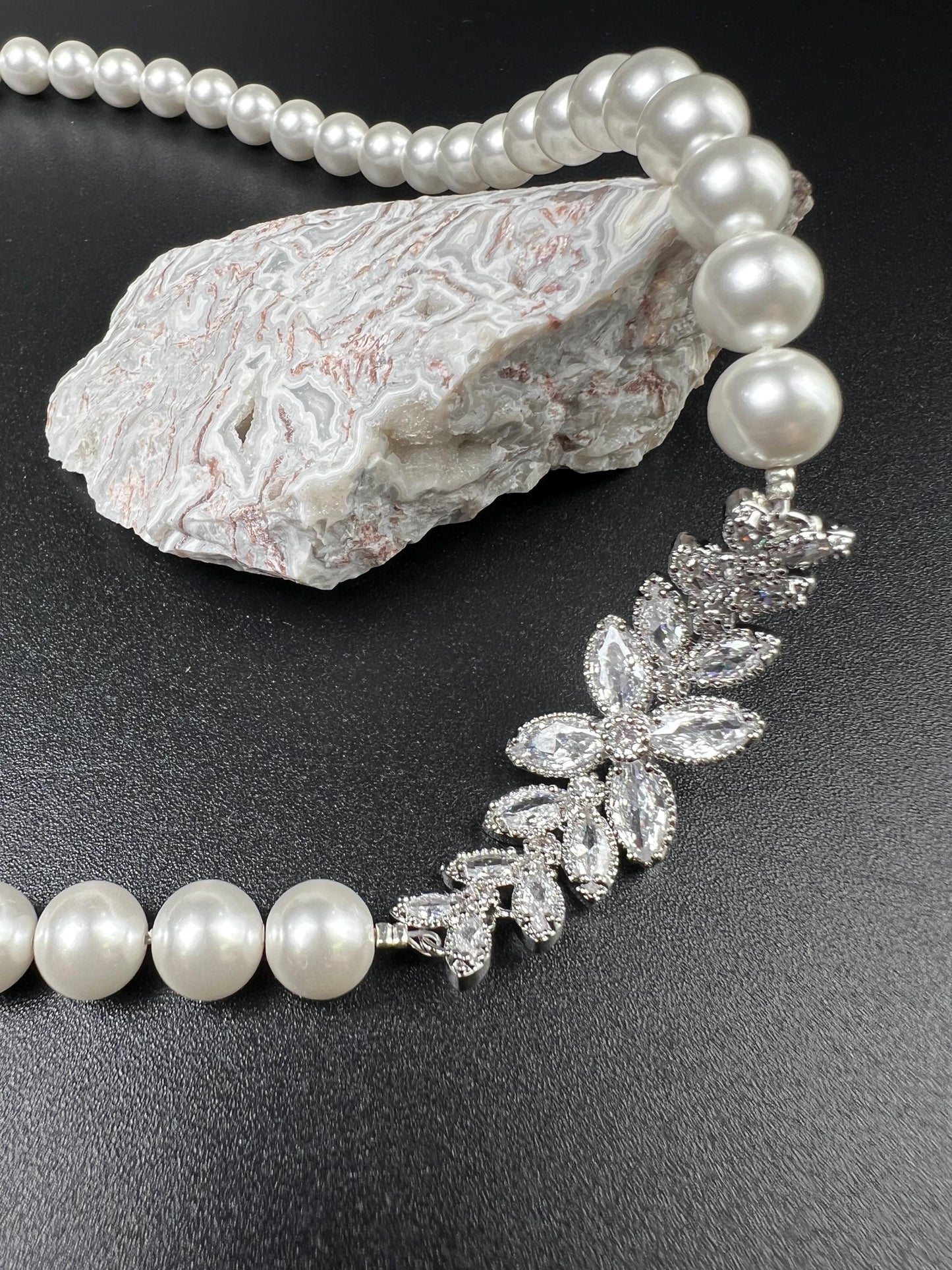 South SeaShell White 8mm Pearl with CZ Diamond Fancy Floral Focal Necklace Bridal, wedding elegant Handmade jewelry for Her