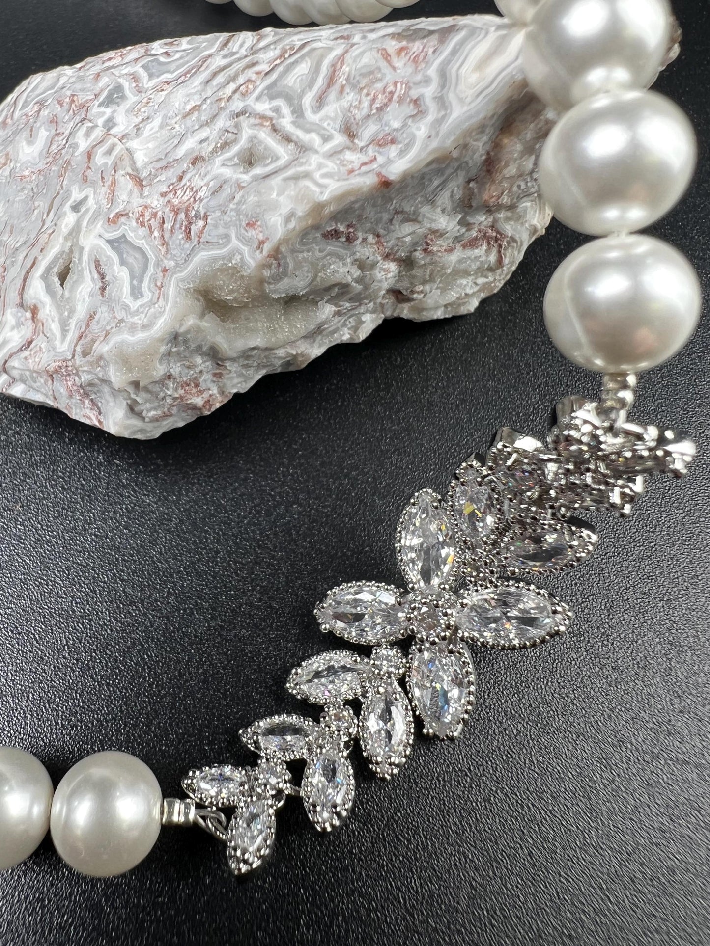 South SeaShell White 8mm Pearl with CZ Diamond Fancy Floral Focal Necklace Bridal, wedding elegant Handmade jewelry for Her