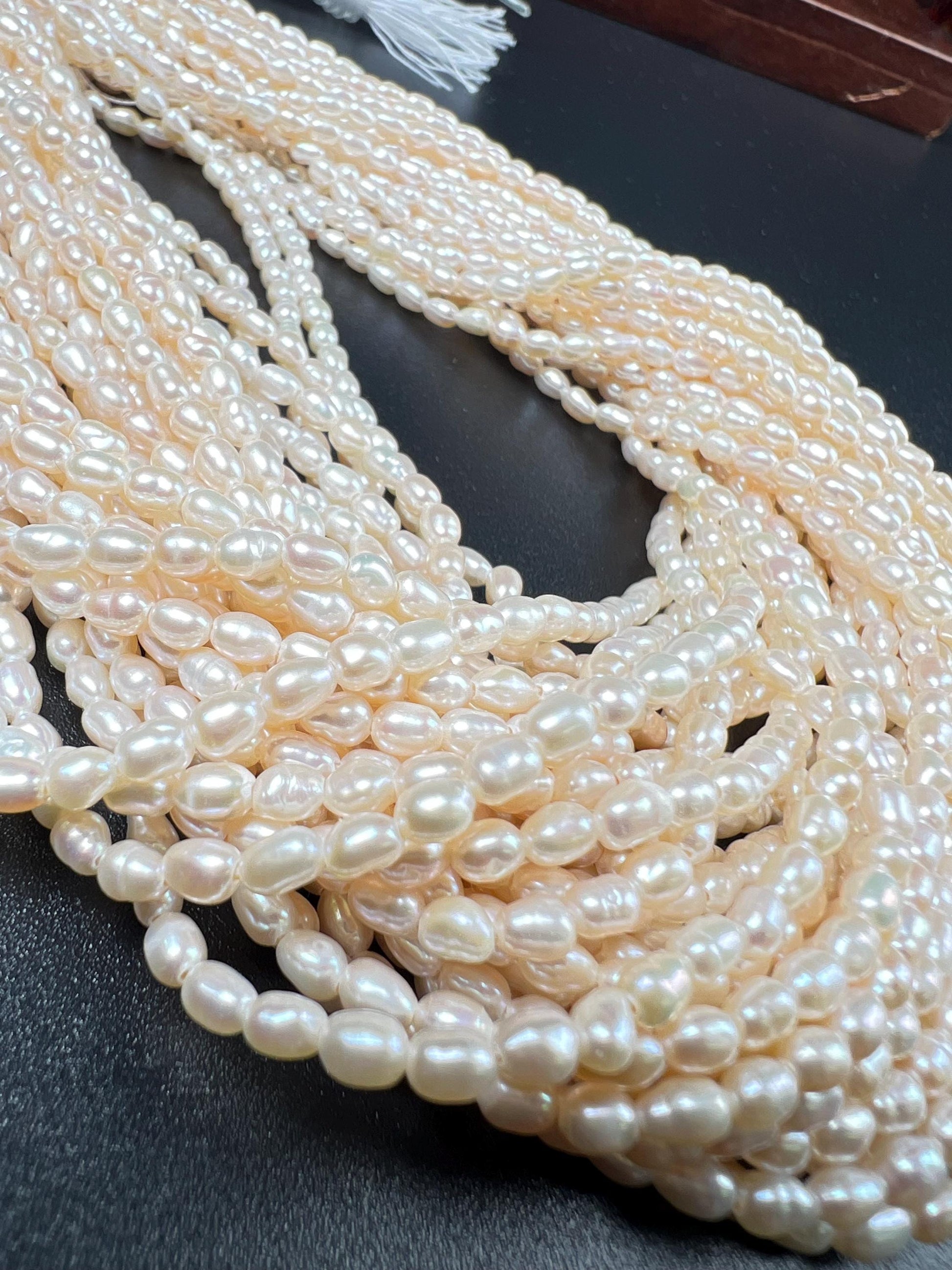Natural Freshwater pearl 3-4mm small Rice oval AAA quality pearl cream white pearl 14” full strand