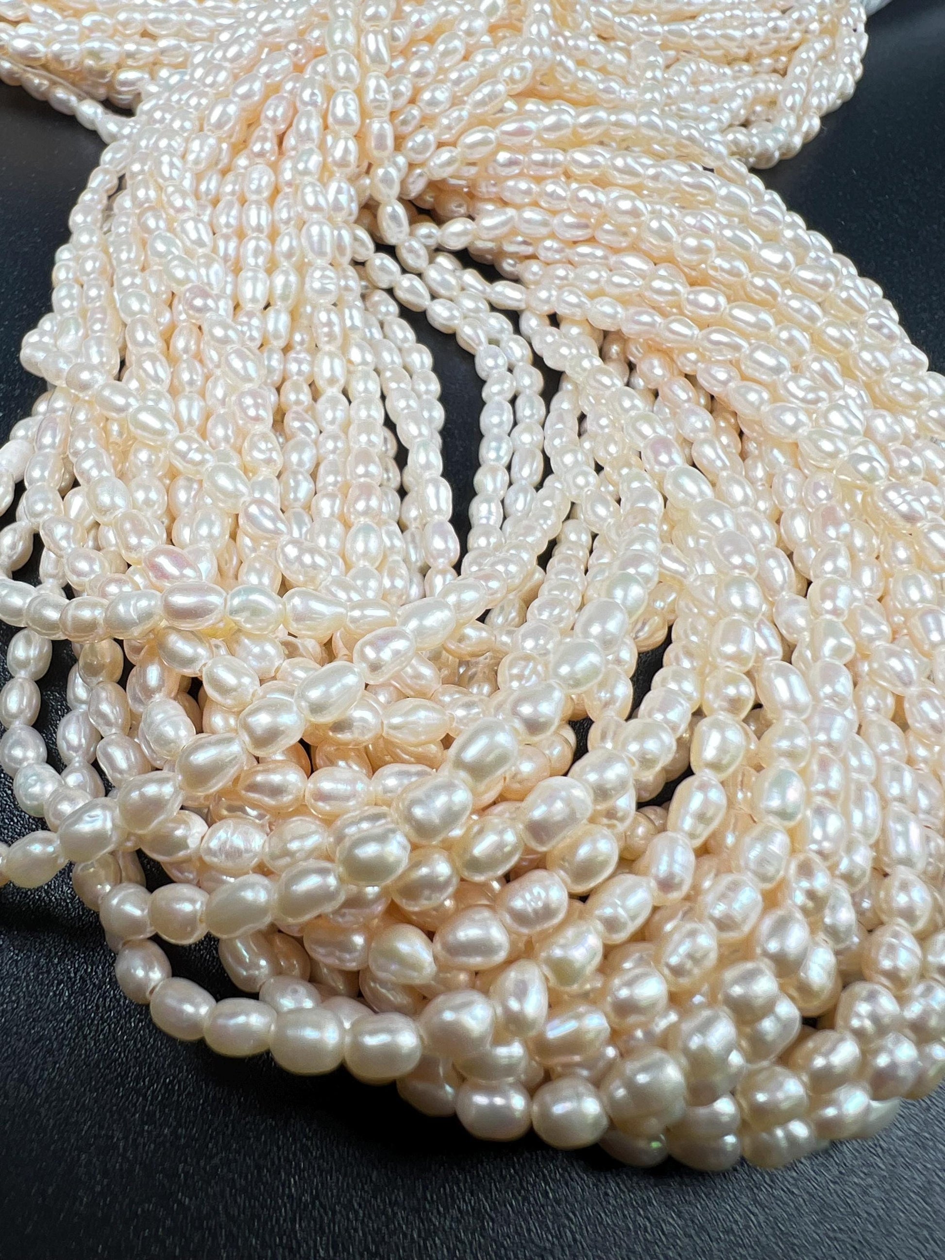 Natural Freshwater pearl 3-4mm small Rice oval AAA quality pearl cream white pearl 14” full strand