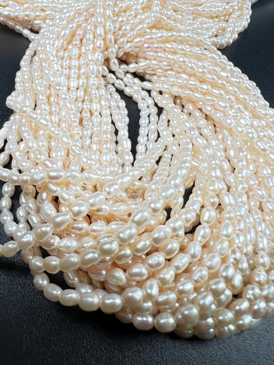 Natural Freshwater pearl 3-4mm small Rice oval AAA quality pearl cream white pearl 14” full strand