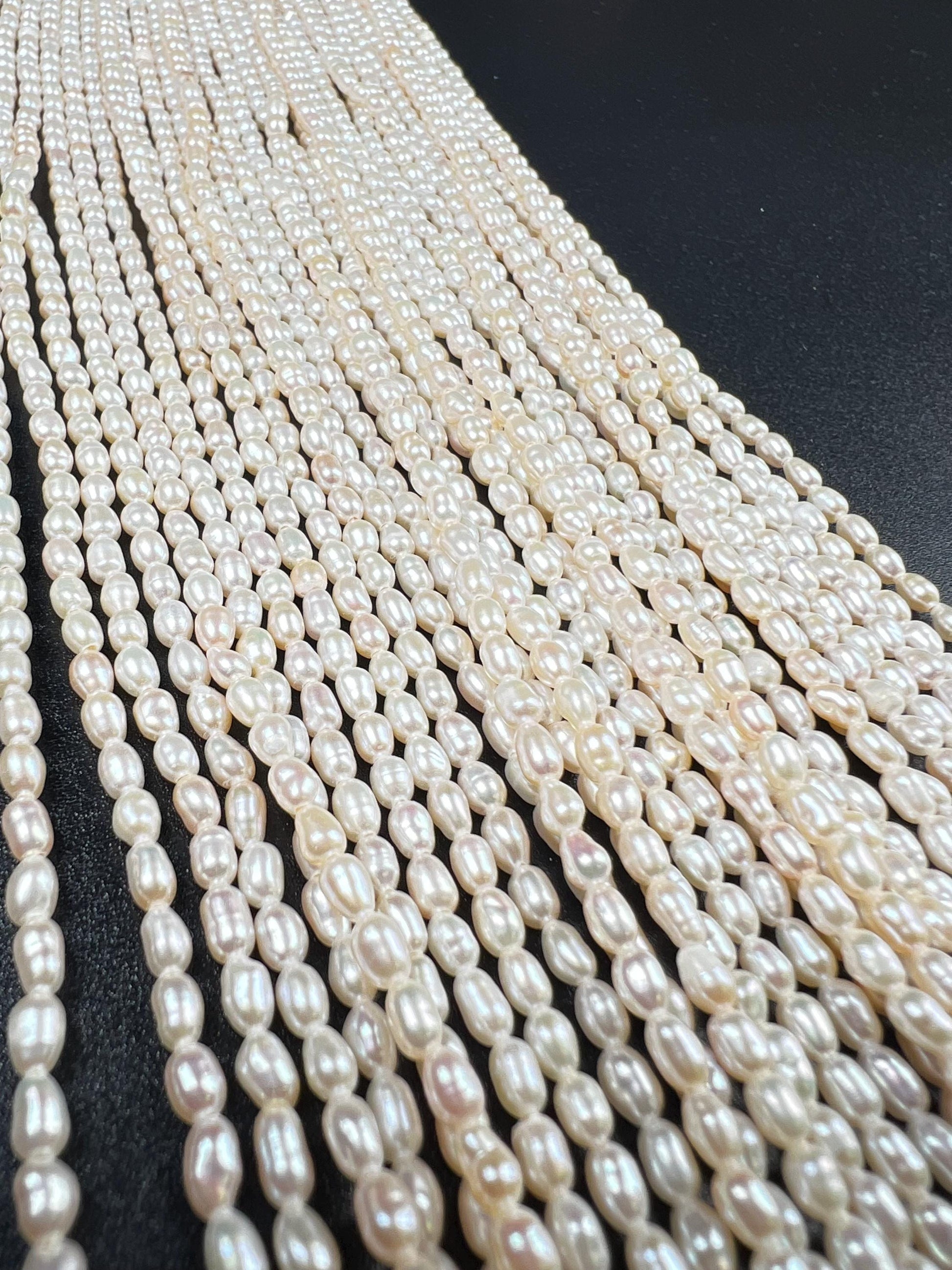 Natural Freshwater pearl Ivory white Rice oval AAA quality pearl cream color 3-4mm tiny pearl 14” full strand