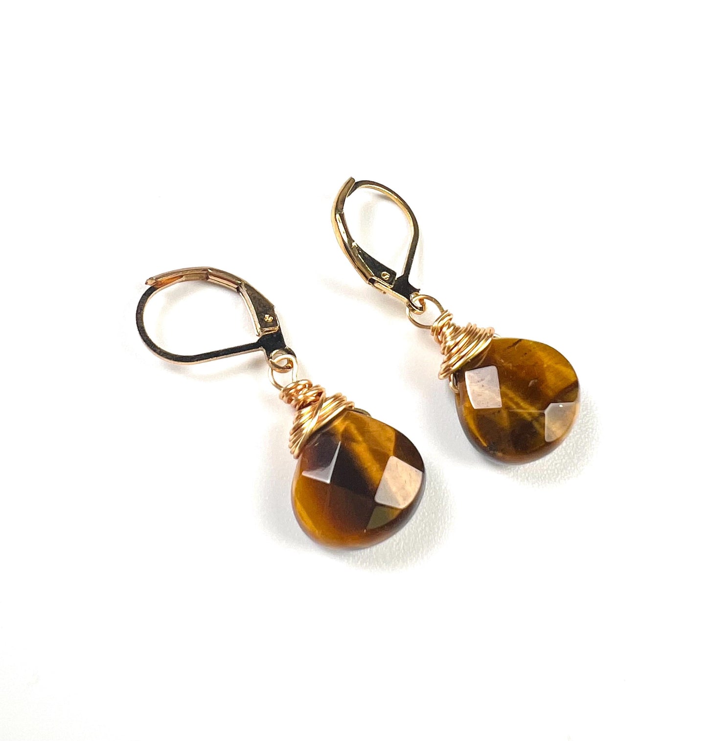 Natural Tiger Eye faceted Heart shape drop handmade earrings in 14k gold filled Leverback