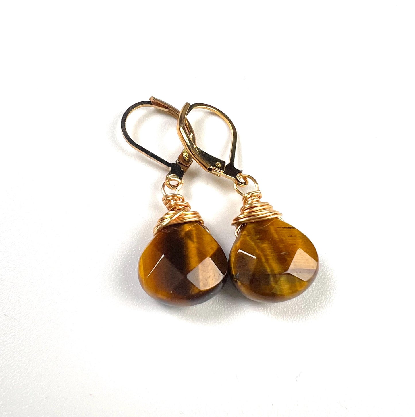 Natural Tiger Eye faceted Heart shape drop handmade earrings in 14k gold filled Leverback