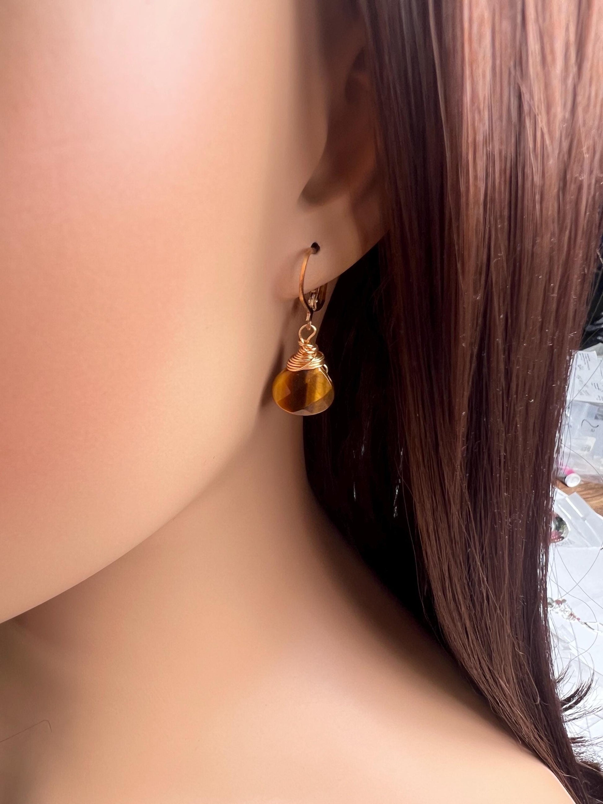 Natural Tiger Eye faceted Heart shape drop handmade earrings in 14k gold filled Leverback