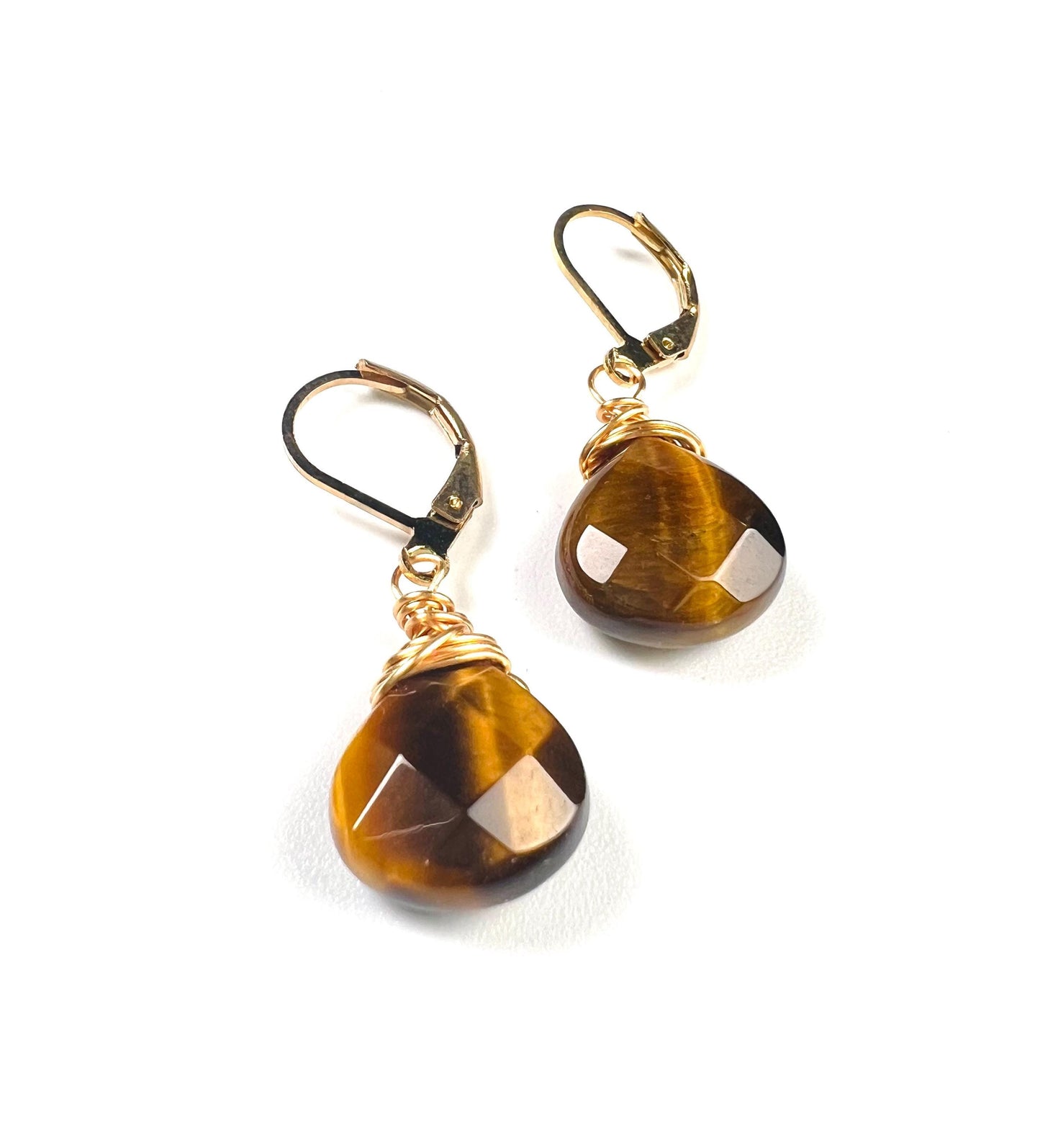 Natural Tiger Eye faceted Heart shape drop handmade earrings in 14k gold filled Leverback