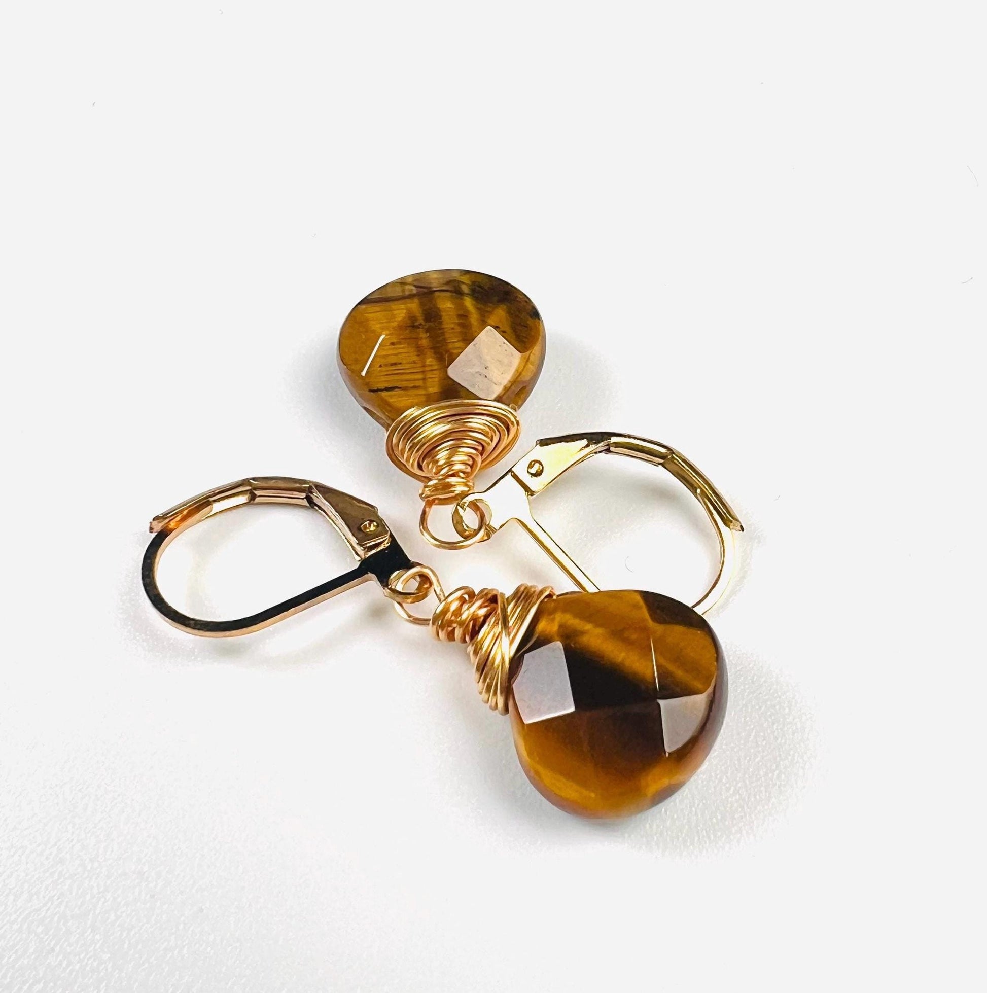 Natural Tiger Eye faceted Heart shape drop handmade earrings in 14k gold filled Leverback