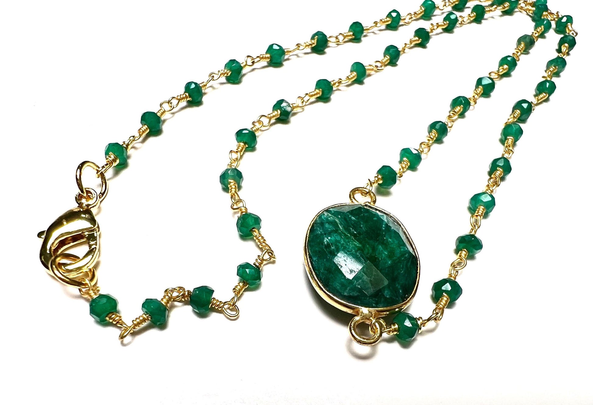 Genuine Emerald Gold Bezel Pendant with Matching Emerald Beaded chain Gold vermeil Necklace.