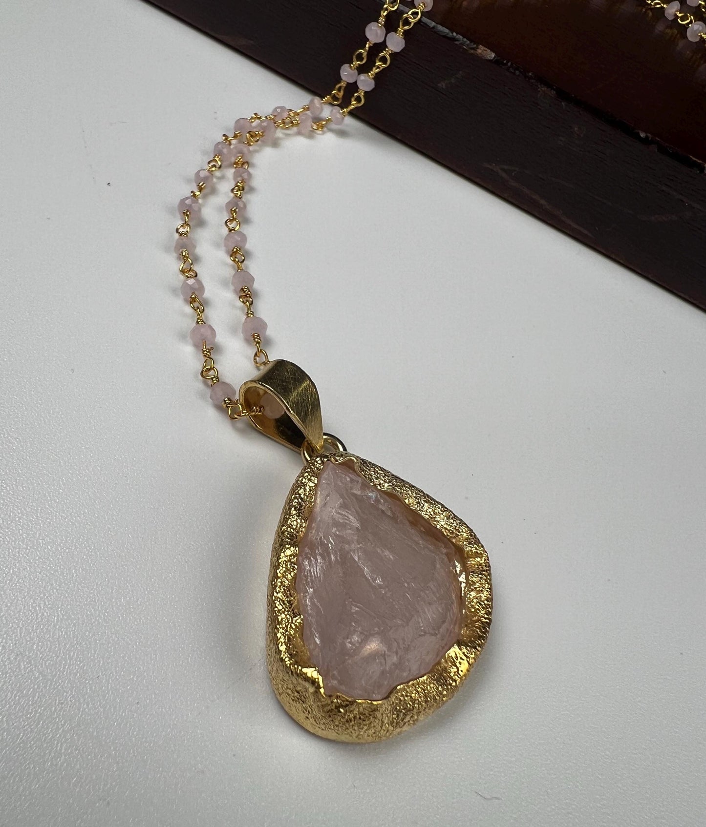 Natural Rose Quartz Raw free from Gemstone pendant necklace. Love valentines gift
