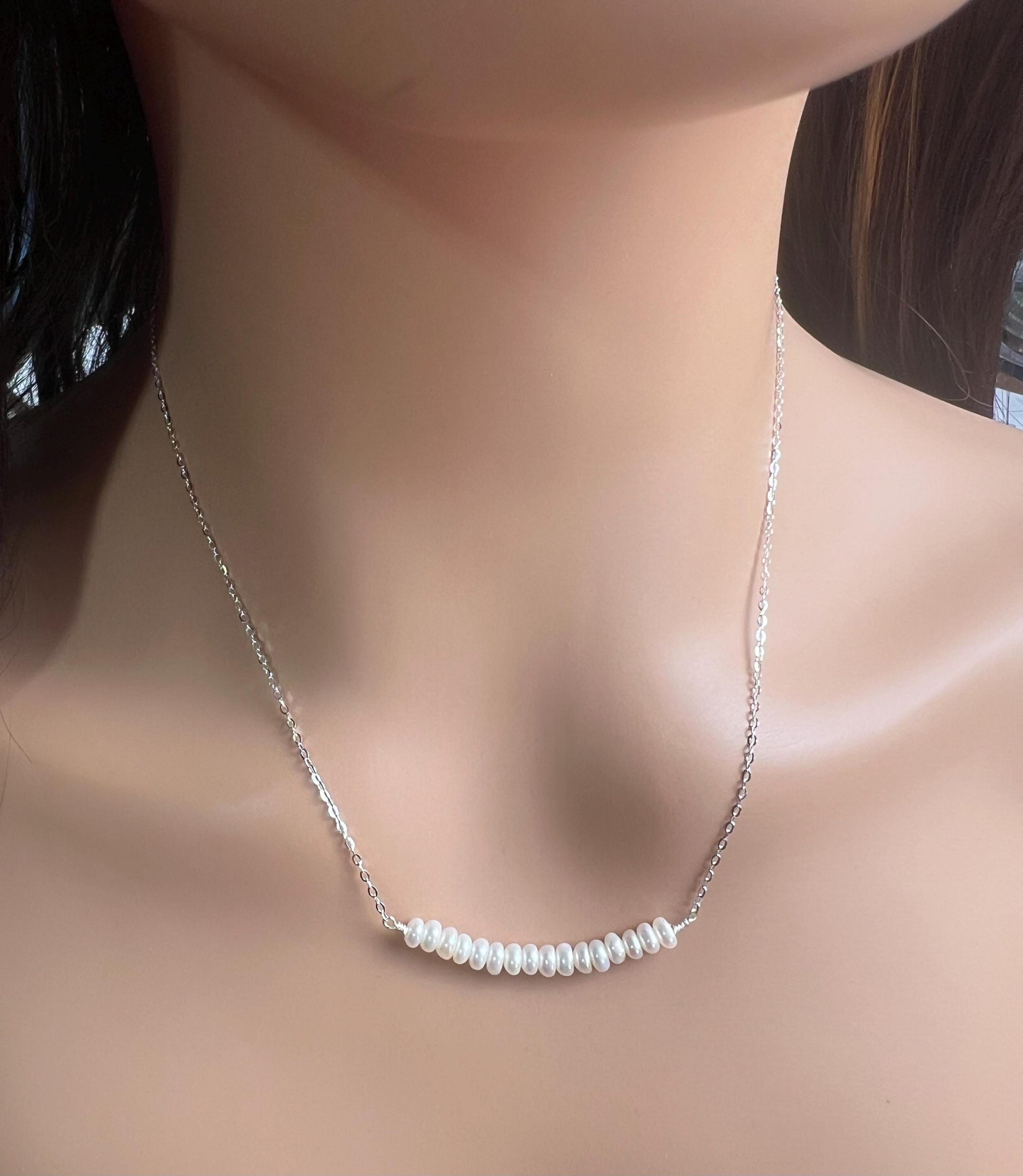 Natural Freshwater pearl 5mm Roundel bar necklace 925 sterling silver Chakra, June Birthstone